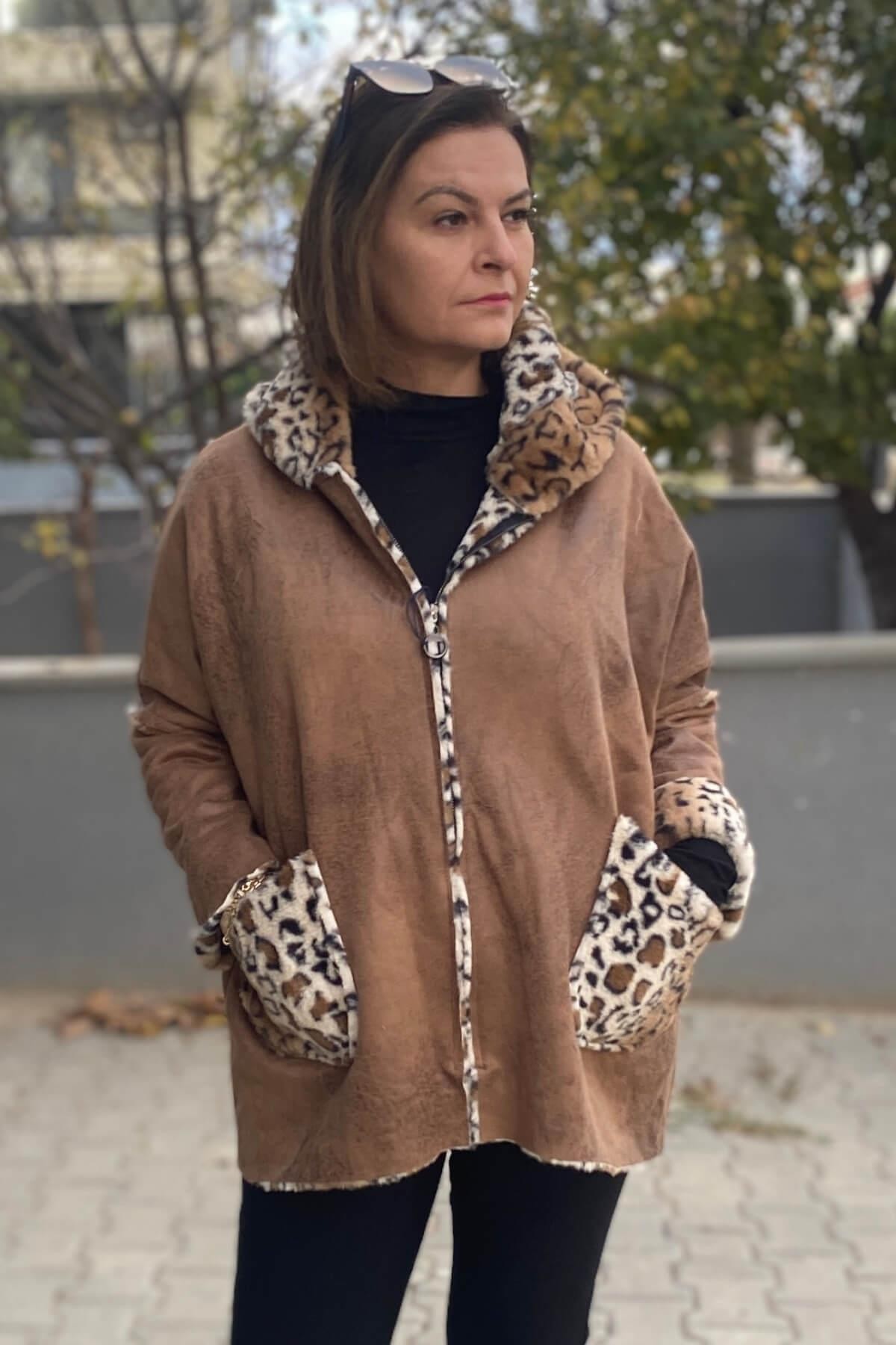 Kadın Camel İtalyan Leopar Desenli Kısa Kaban