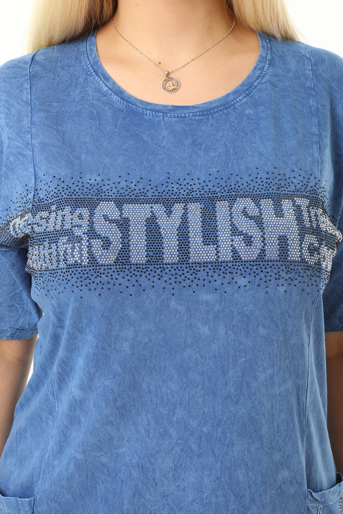 Büyük Beden Mavi Küçük Taşlarla Süslenmiş Pamuklu Elbise