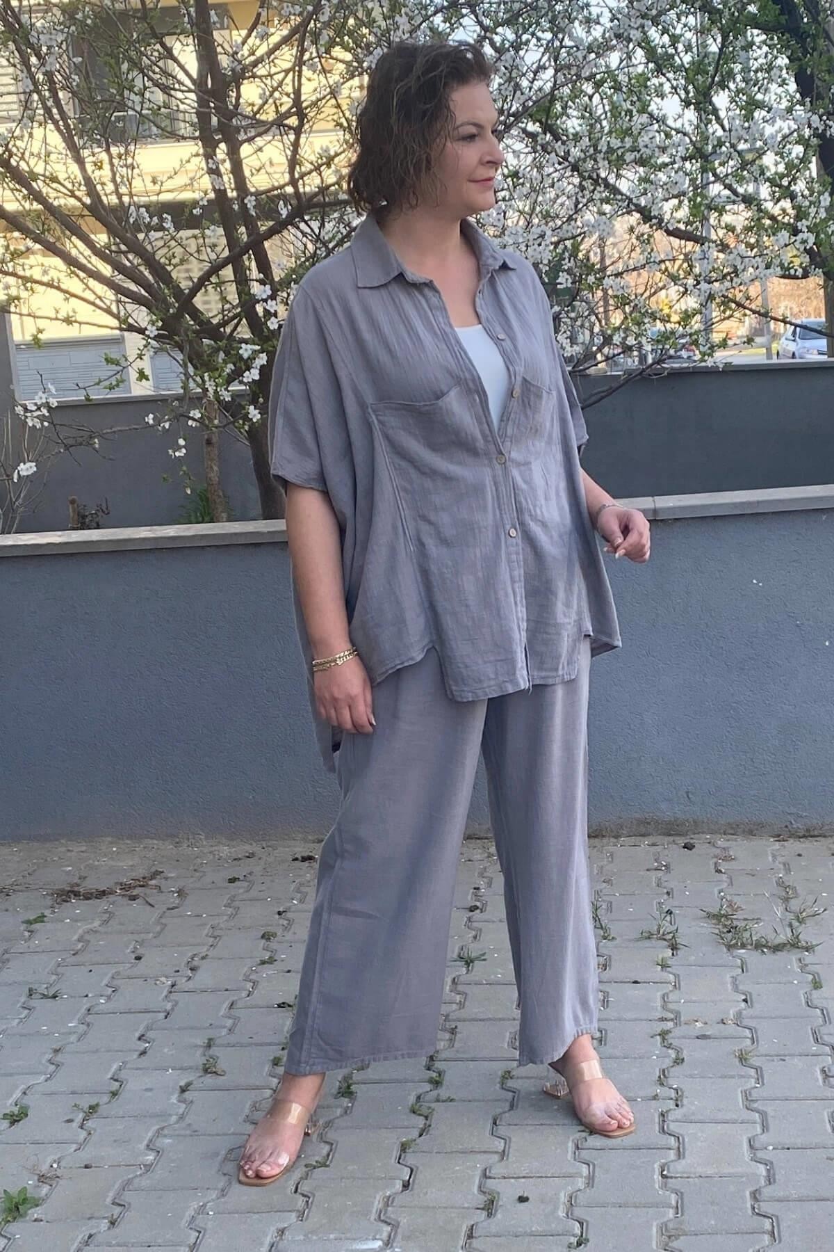 Kadın Gri İtalyan tasarım Keten Takım