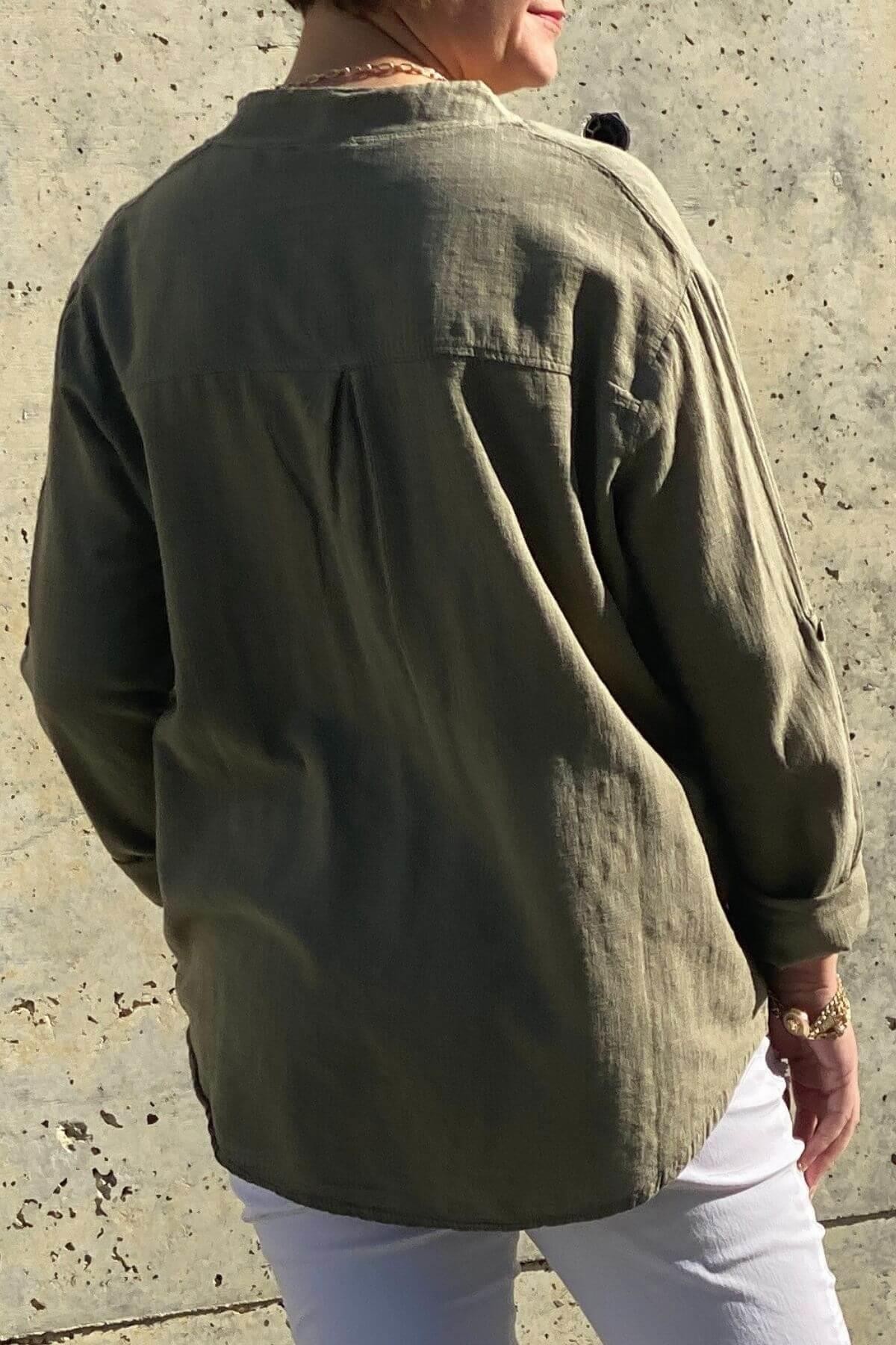 Kadın Haki Keten Hakim Yaka Bluz