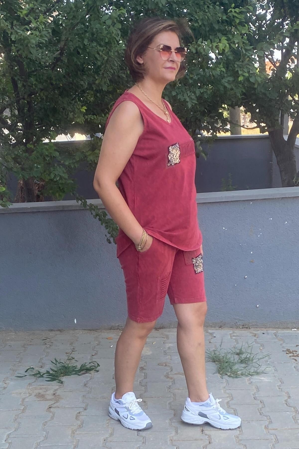 Büyük Beden Bordo Gümüş Şort Takım