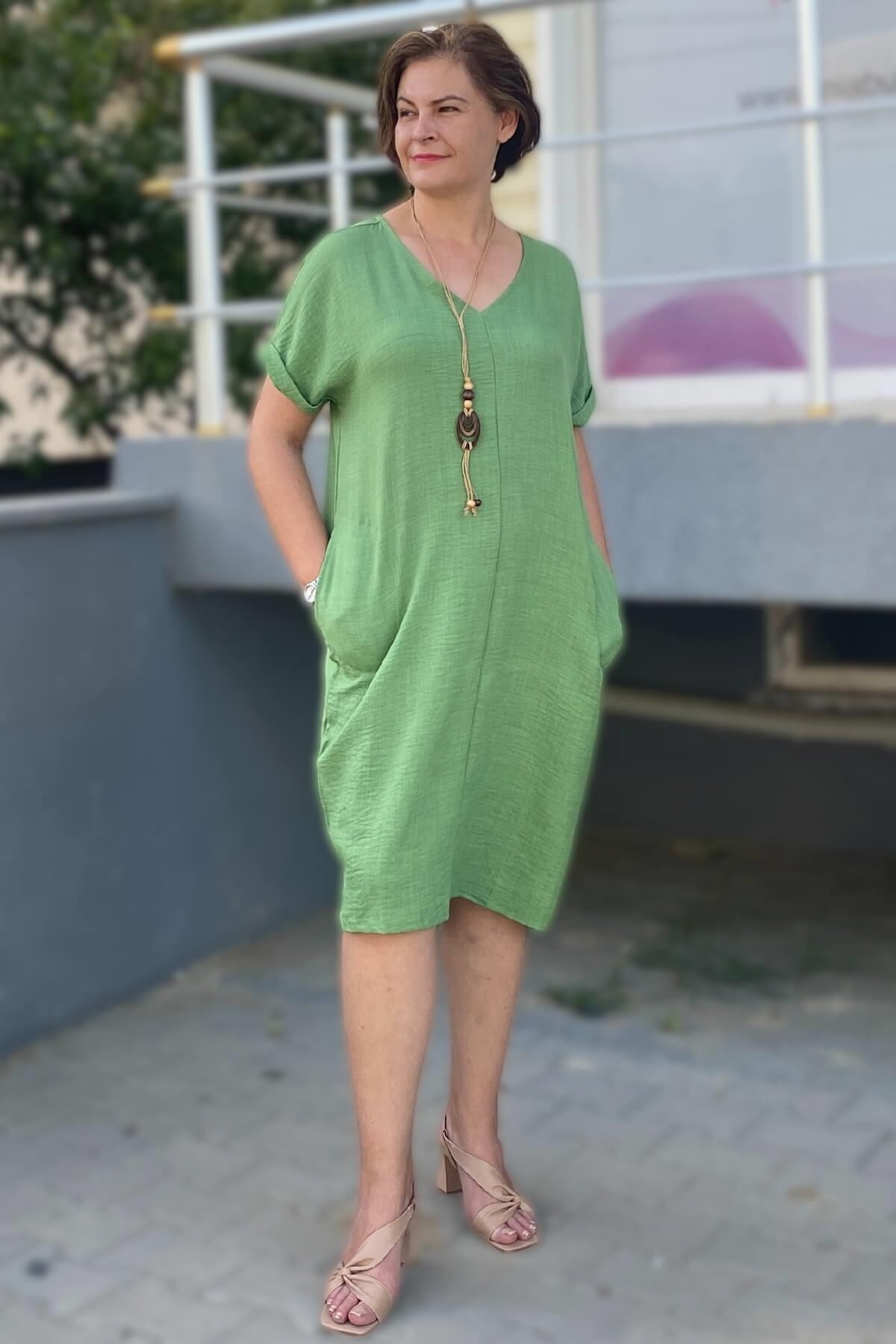 Büyük Beden Yeşil  Kolye Hediyeli Salaş Elbise