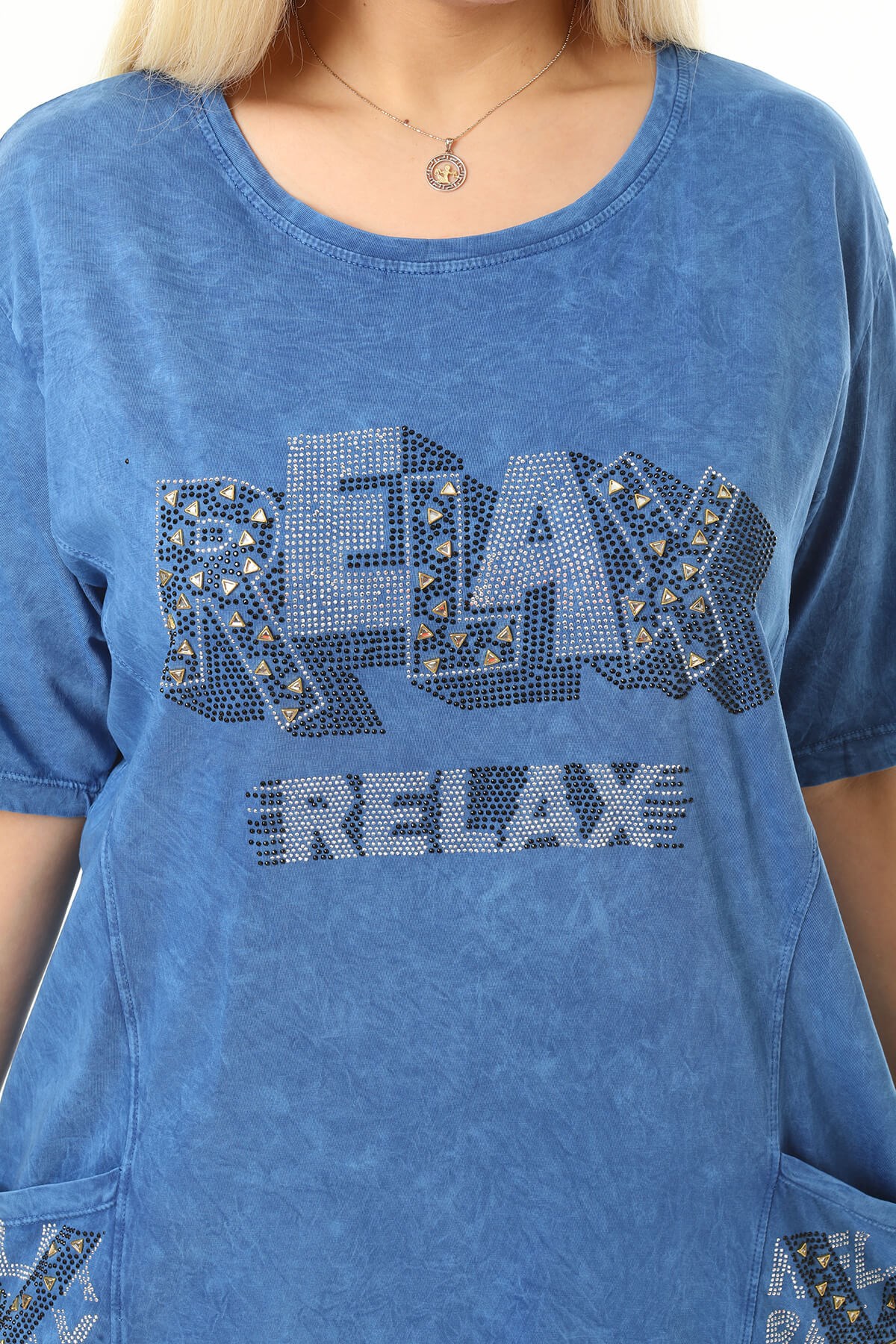 Büyük Beden Mavi Eteği Dantel Detaylı Elbise