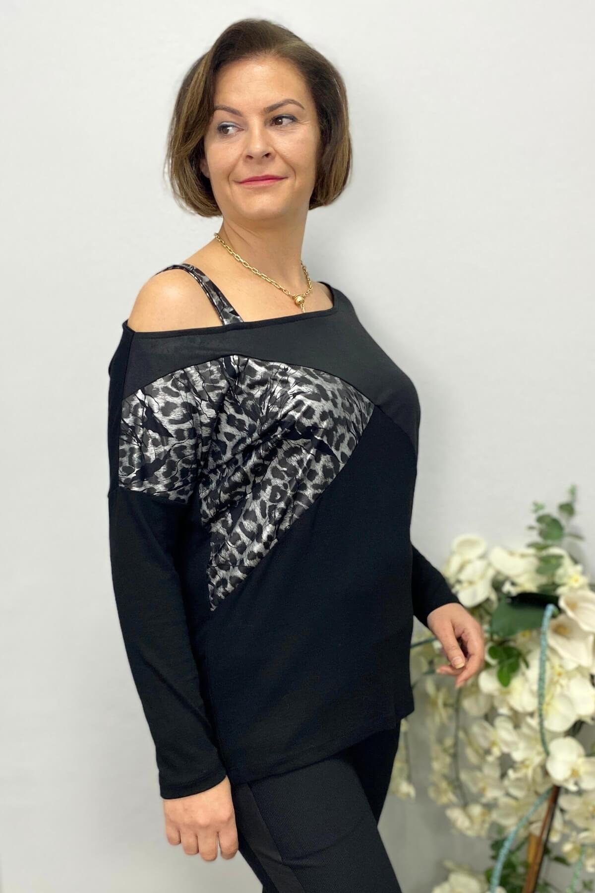 Büyük Beden Siyah Tek Omuz Leopar Detaylı Bluz