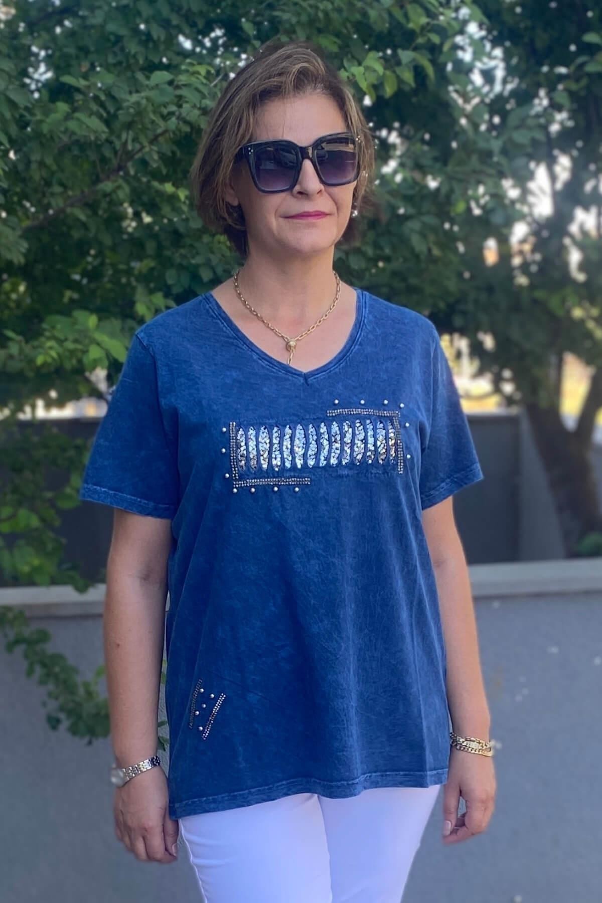 Büyük Beden Lacivert İtalyan Yıkamalı Pencere Detaylı Tshirt