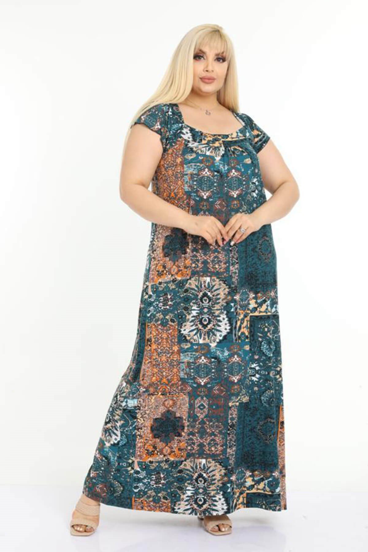 Büyük Beden Koyu Turkuaz Etnik Desen İp Detaylı Uzun Elbise