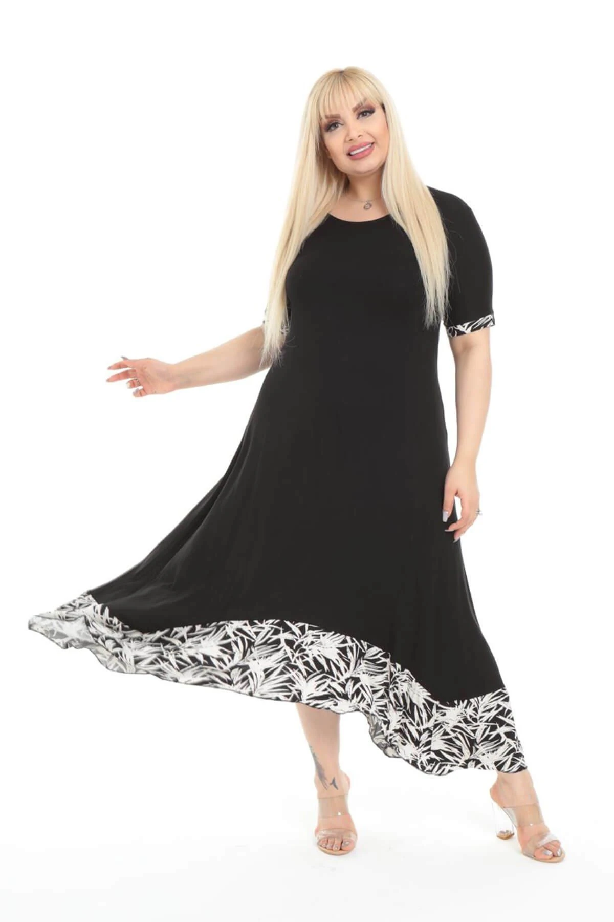 Büyük Beden Siyah Palmiye Desen Asimetrik Elbise