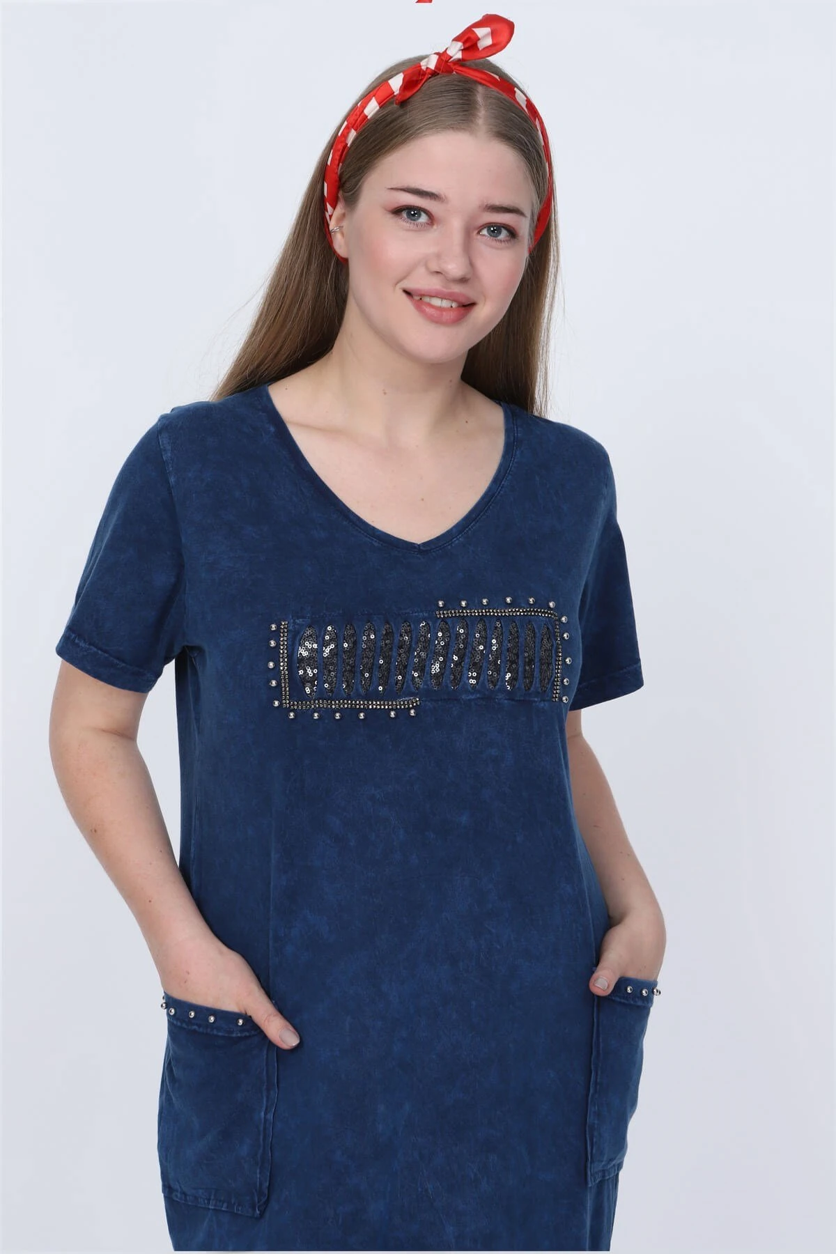 Büyük Beden İtalyan Yıkamalı Lacivert Önü Pencereli Pullu Elbise