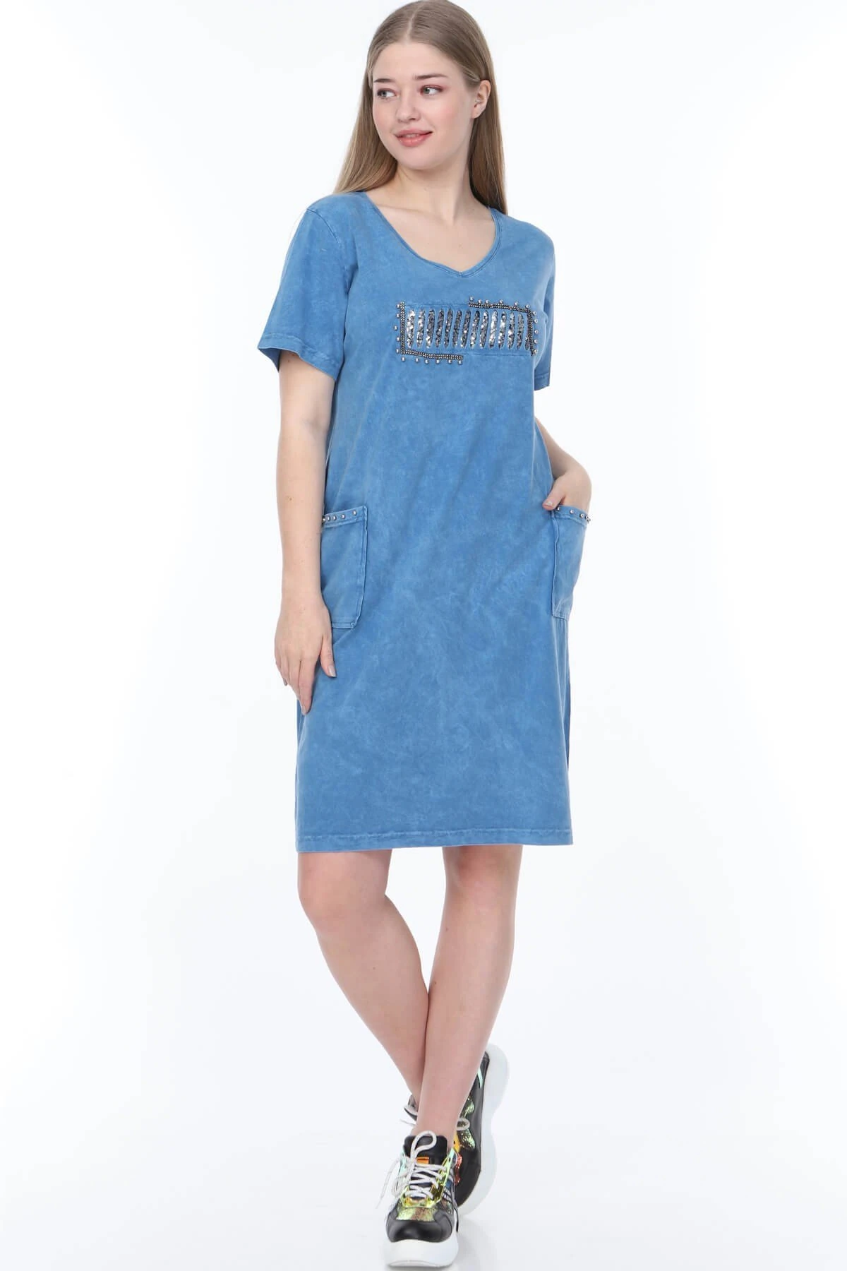 Büyük Beden İtalyan Yıkamalı Mavi Önü Pencereli Pullu Elbise