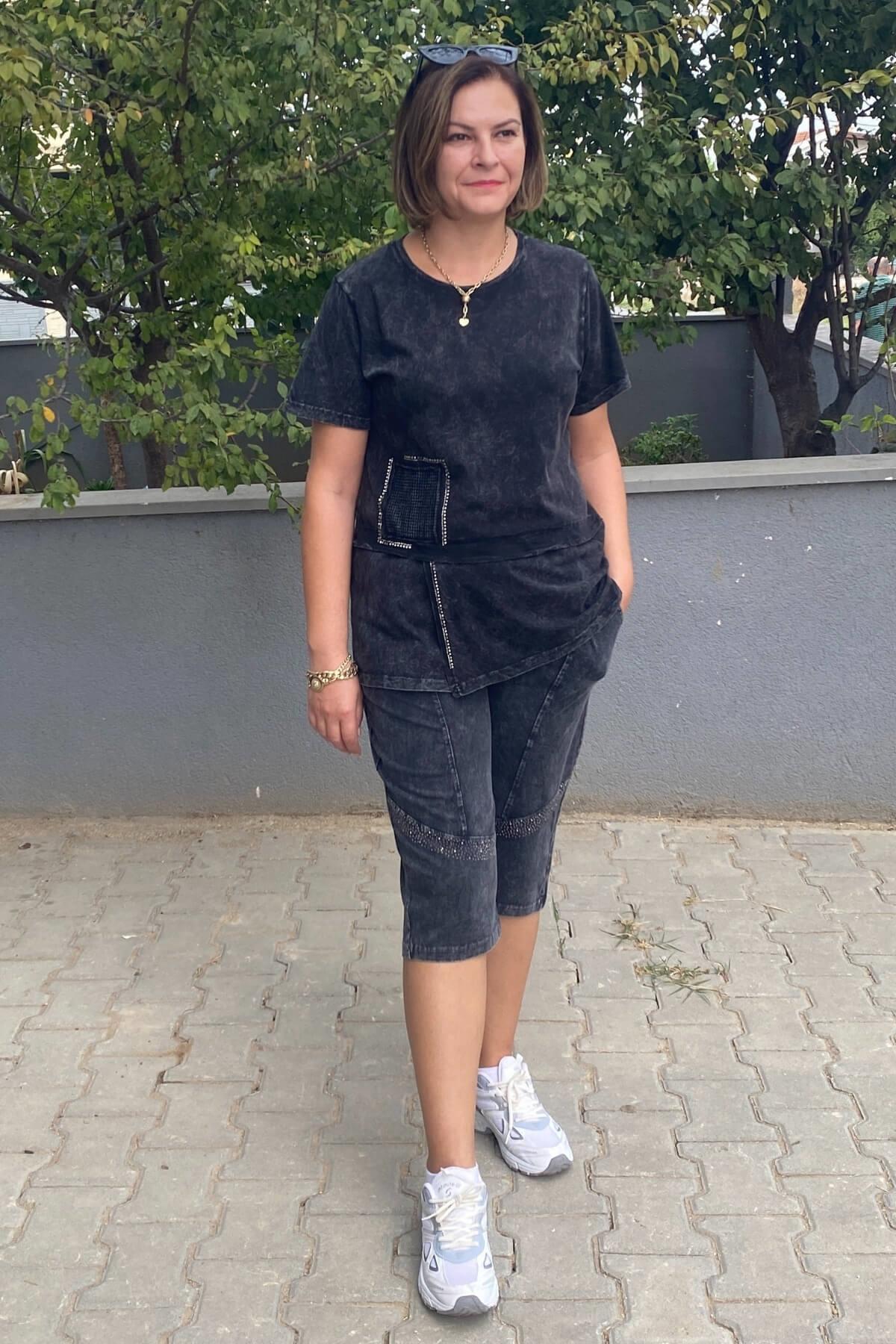 Büyük Beden Siyah Zümrüt Kapri Takım