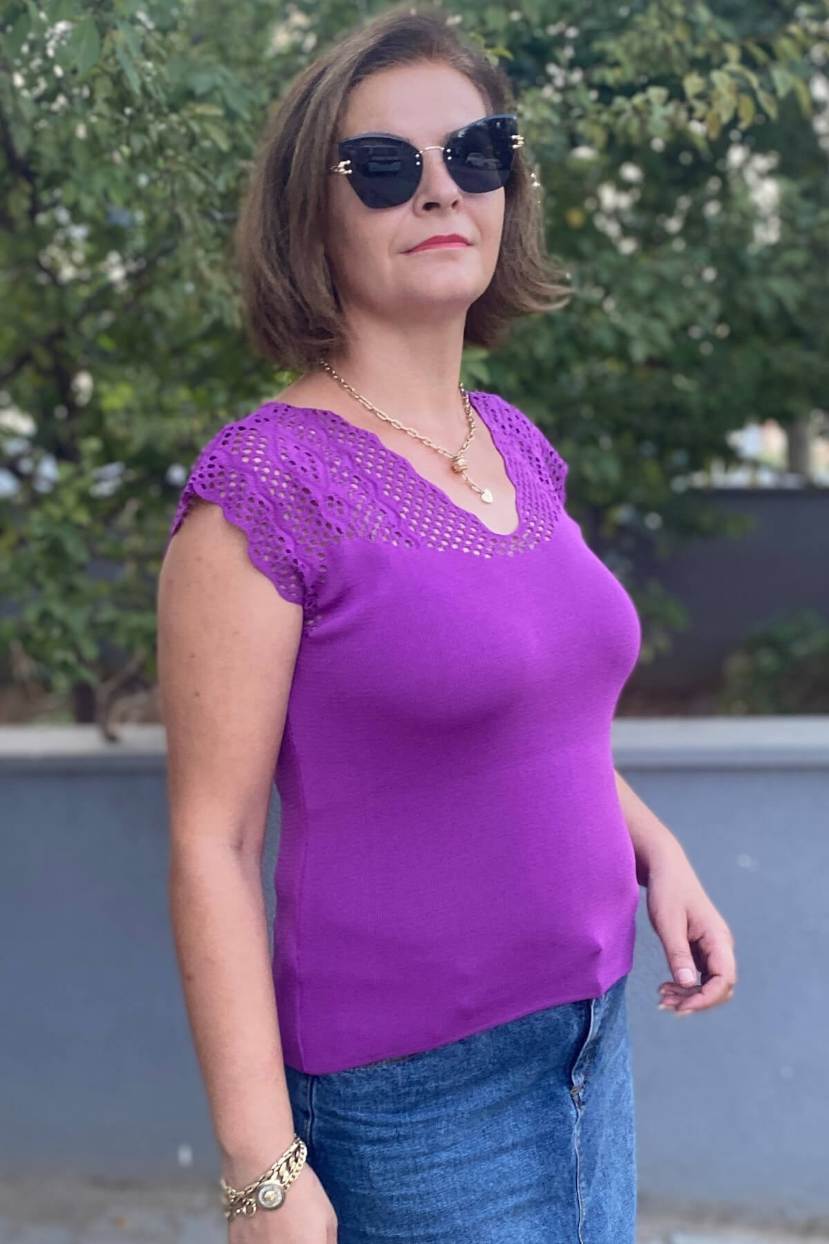 Kadın Mor Sıfır Kol Ajurlu Triko Bluz