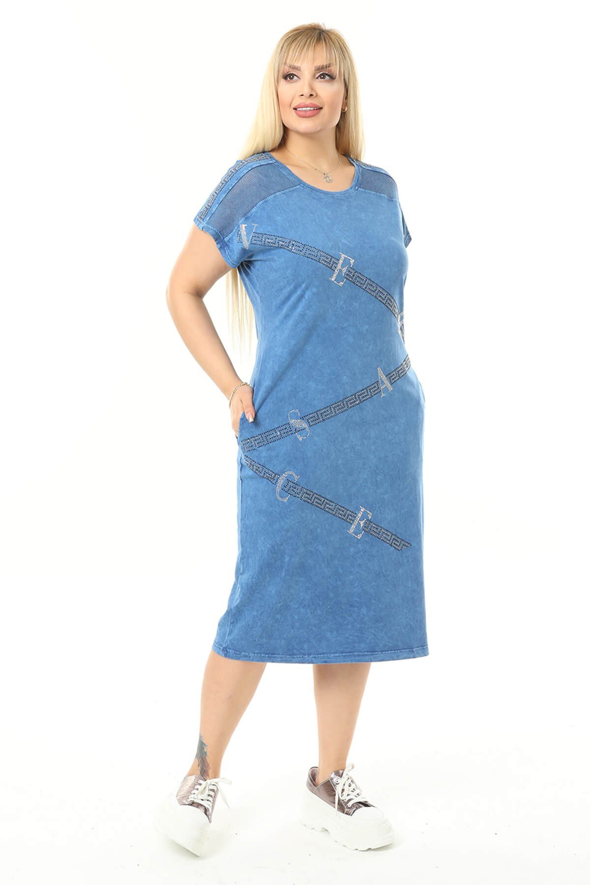 Büyük Beden Mavi Gizli Cep Detaylı Elbise
