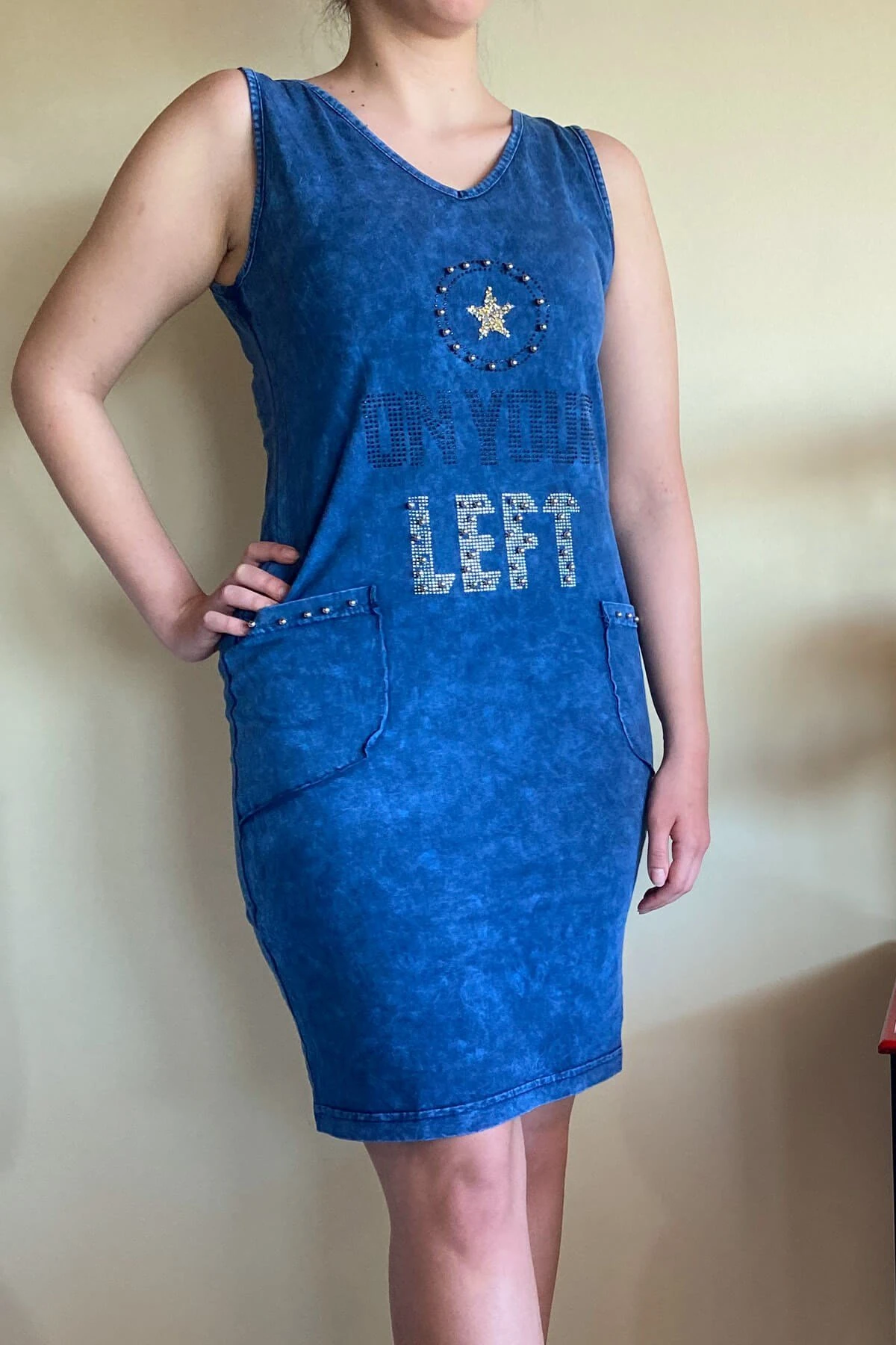 Kadın İtalyan Yıkamalı Kolsuz Lacivert Elbise