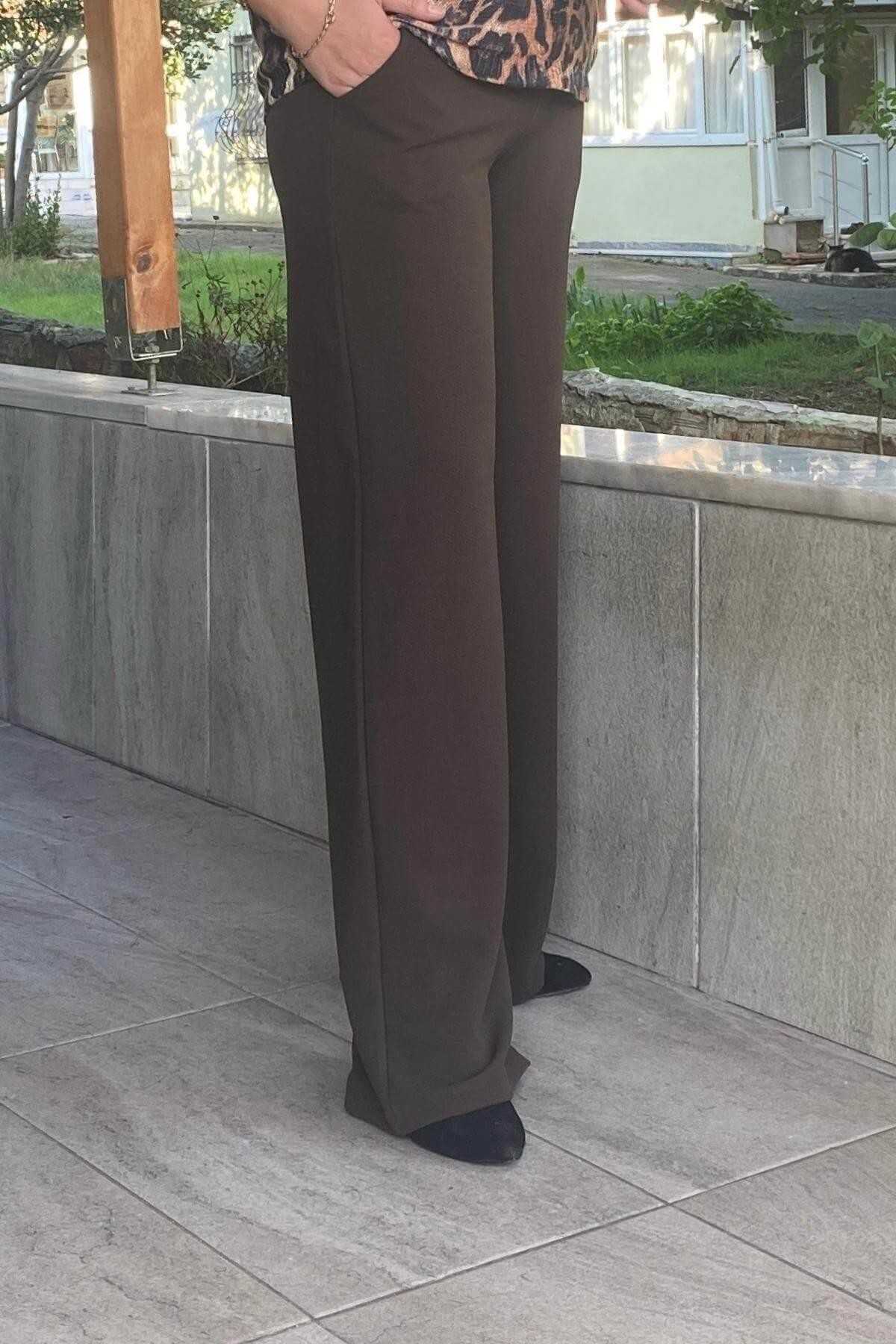 Kadın Kahve Krep Korsaj Bol  Paca Toparlaycı Pantolon