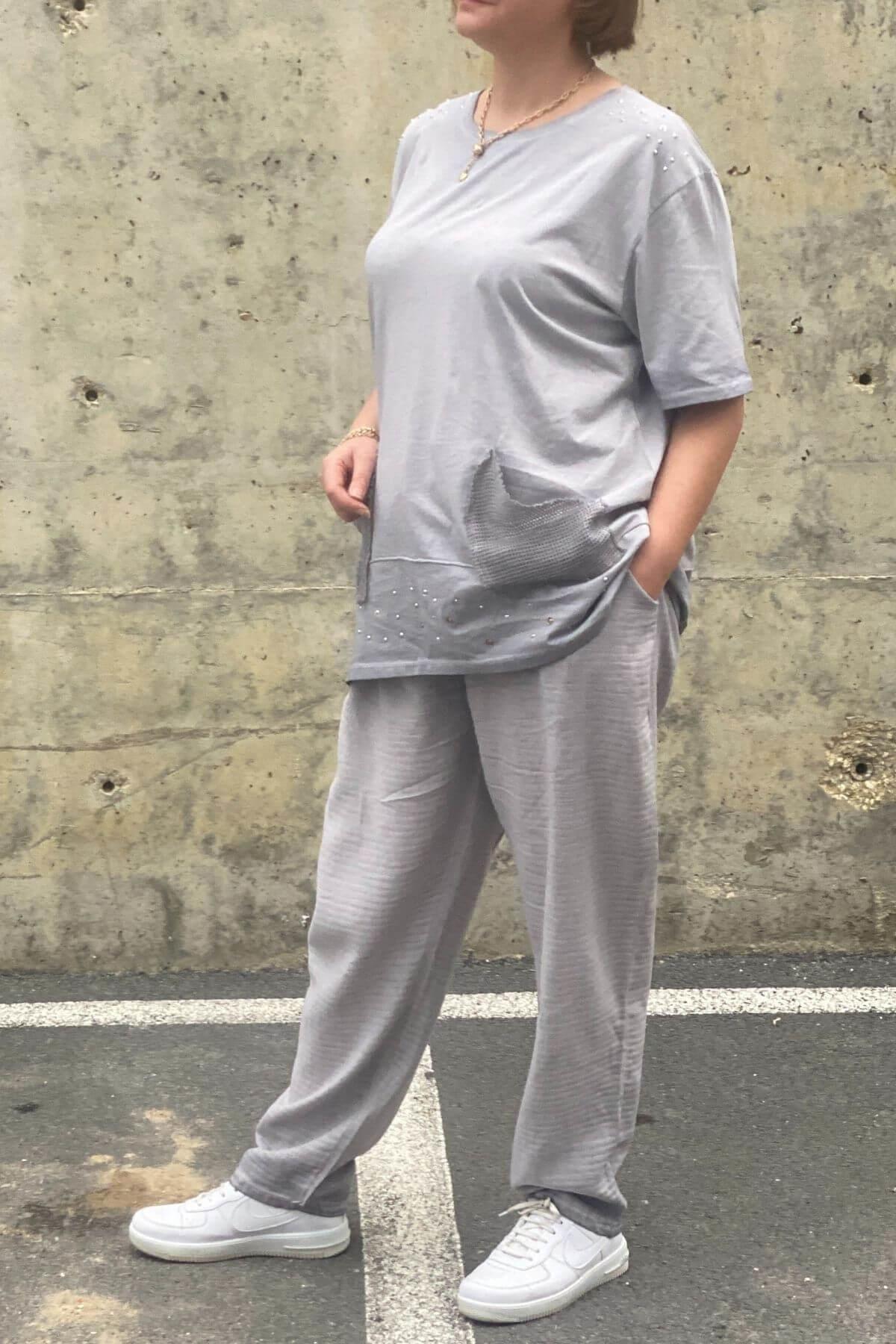 Büyük Beden Verona Gri Keten Takım