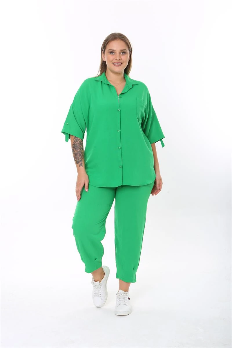 Büyük Beden Yeşil Paçaları Pens Detaylı Takım