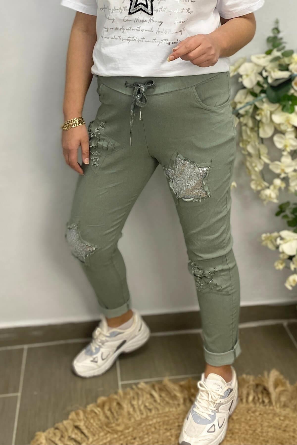 Kadın İtalyan Yıldız Detaylı Su Yeşili Pantolon