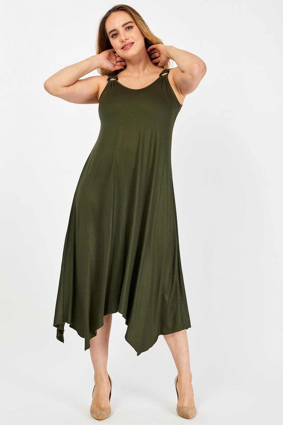 Büyük Beden Haki Askılı Tokalı Uzun Elbise