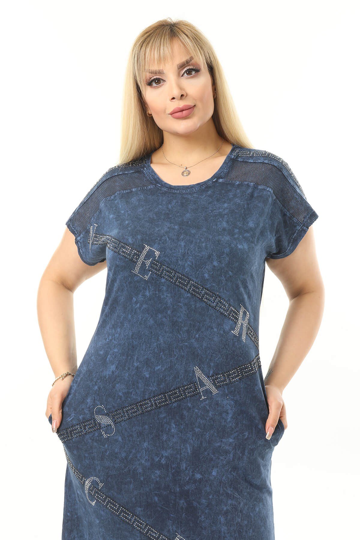 Büyük Beden Lacivert Gizli Cep Detaylı Elbise