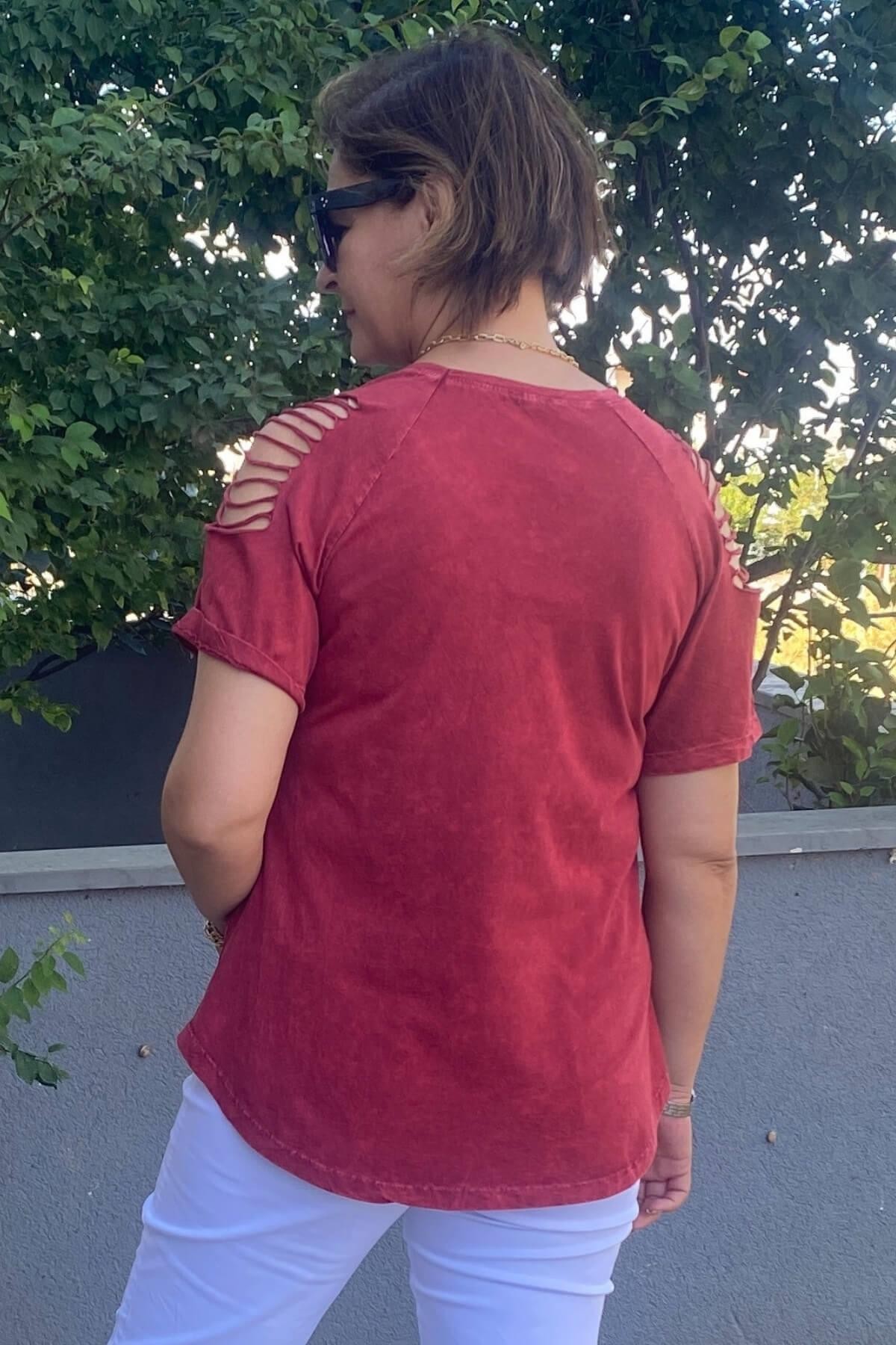Büyük Beden Bordo Omuz Dekolte Pamuklu Tshirt