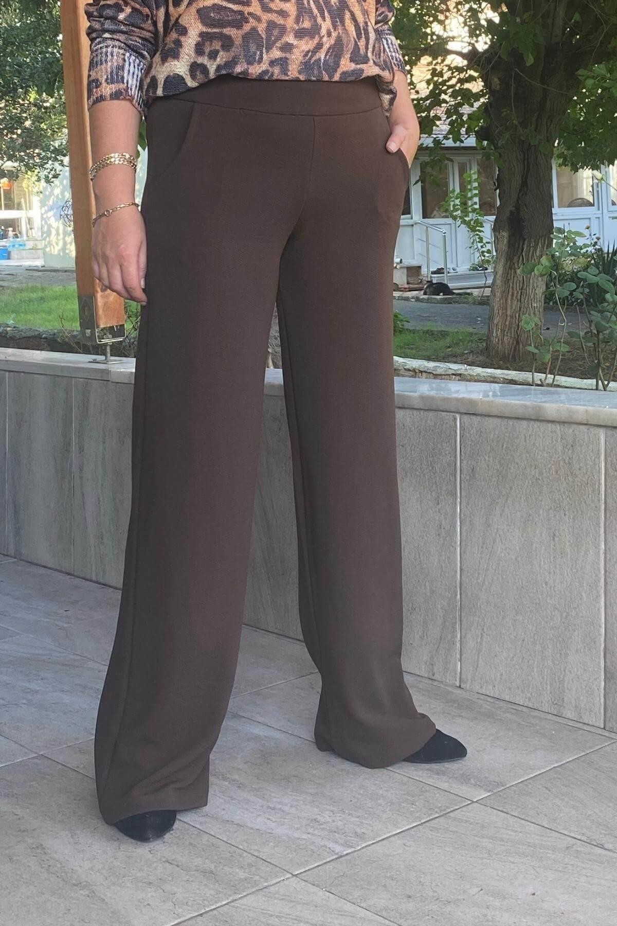 Kadın Kahve Krep Korsaj Bol  Paca Toparlaycı Pantolon