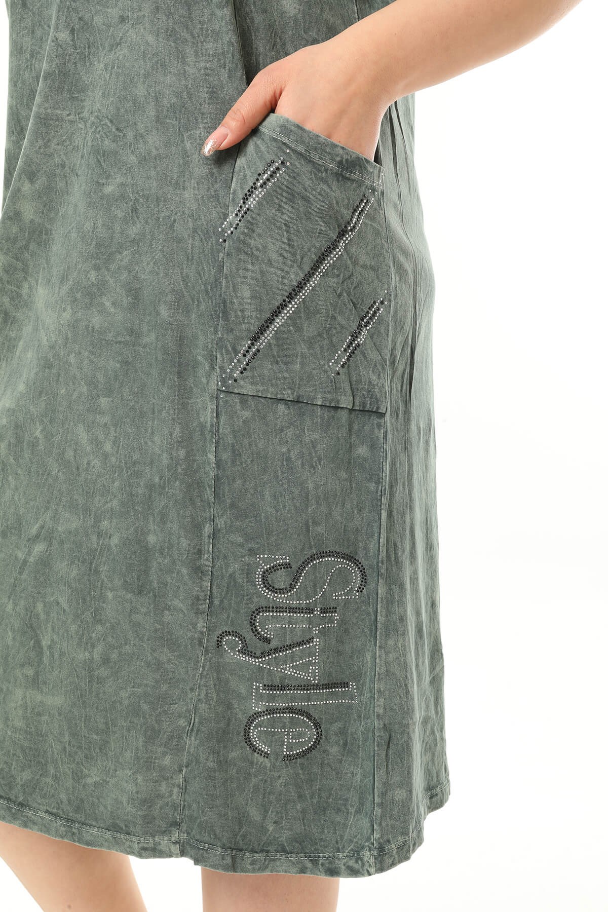 Büyük Beden Haki Küçük Taşlarla Süslenmiş Pamuklu Elbise