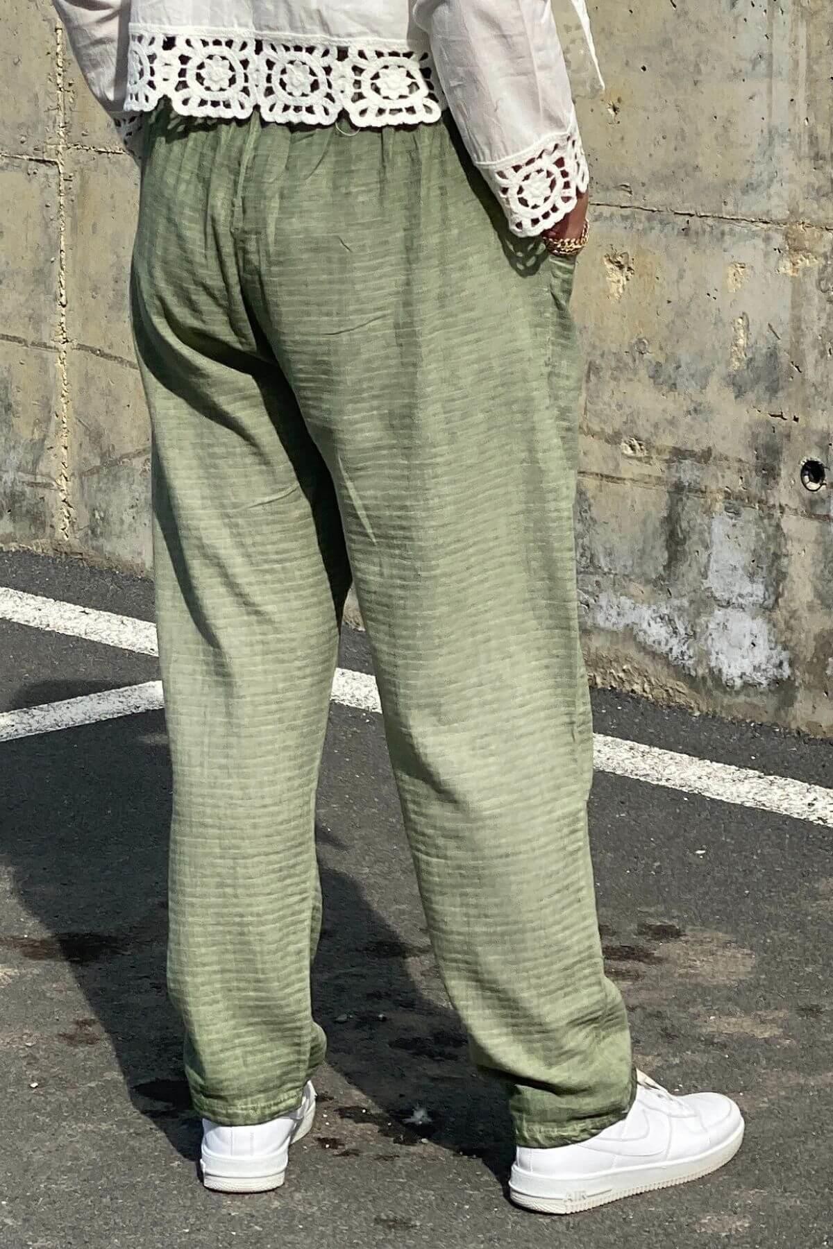Büyük Beden Yeşil Beli Lastikli Keten Pantolon