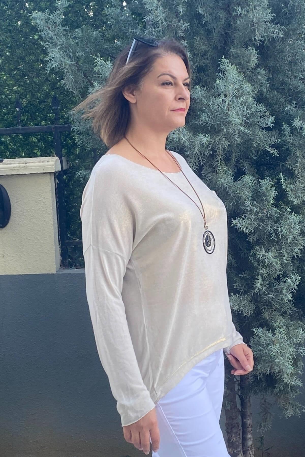 Kadın İtalyan Krem Varak Detaylı Triko Bluz