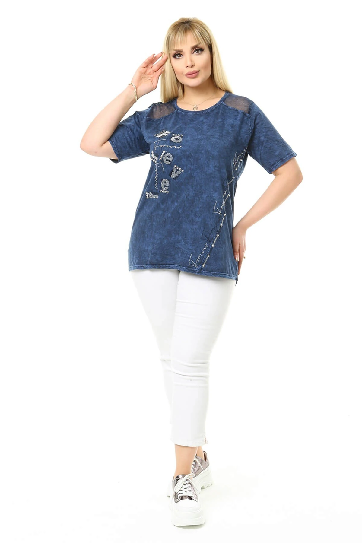 Büyük Beden Lacivert Omuzları File Detaylı Bluz