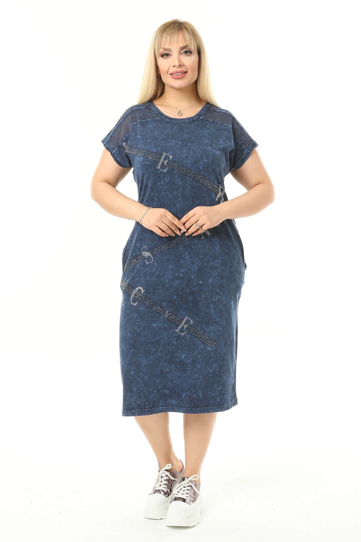 Büyük Beden Lacivert Gizli Cep Detaylı Elbise