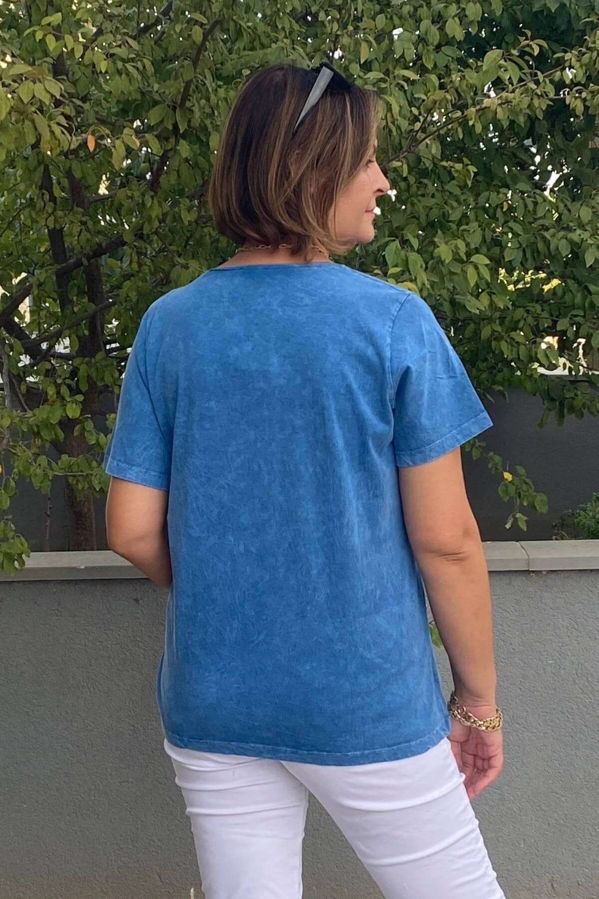 Büyük Beden Mavi İtalyan Yıkamalı Pencere Detaylı Tshirt