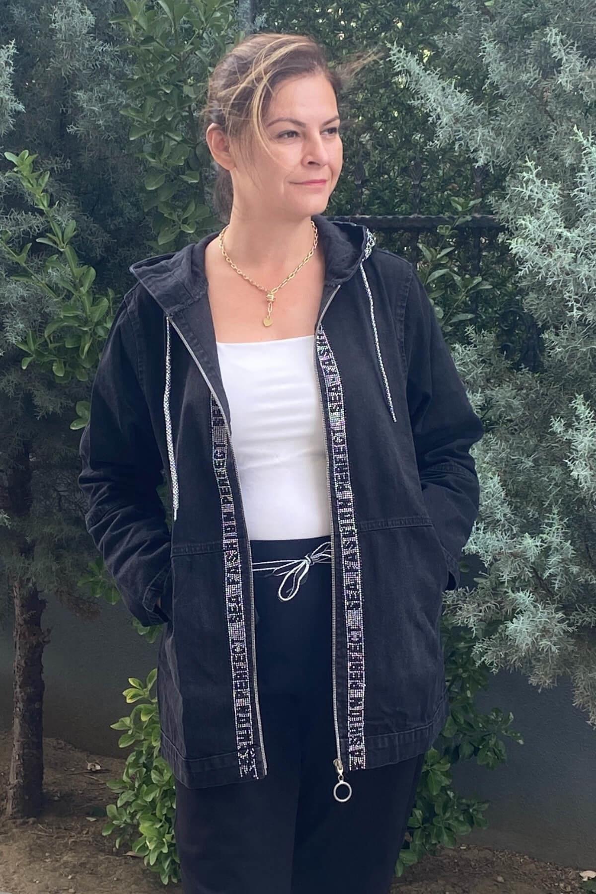 Kadın Büyük Beden Taşlı Siyah Kot Ceket