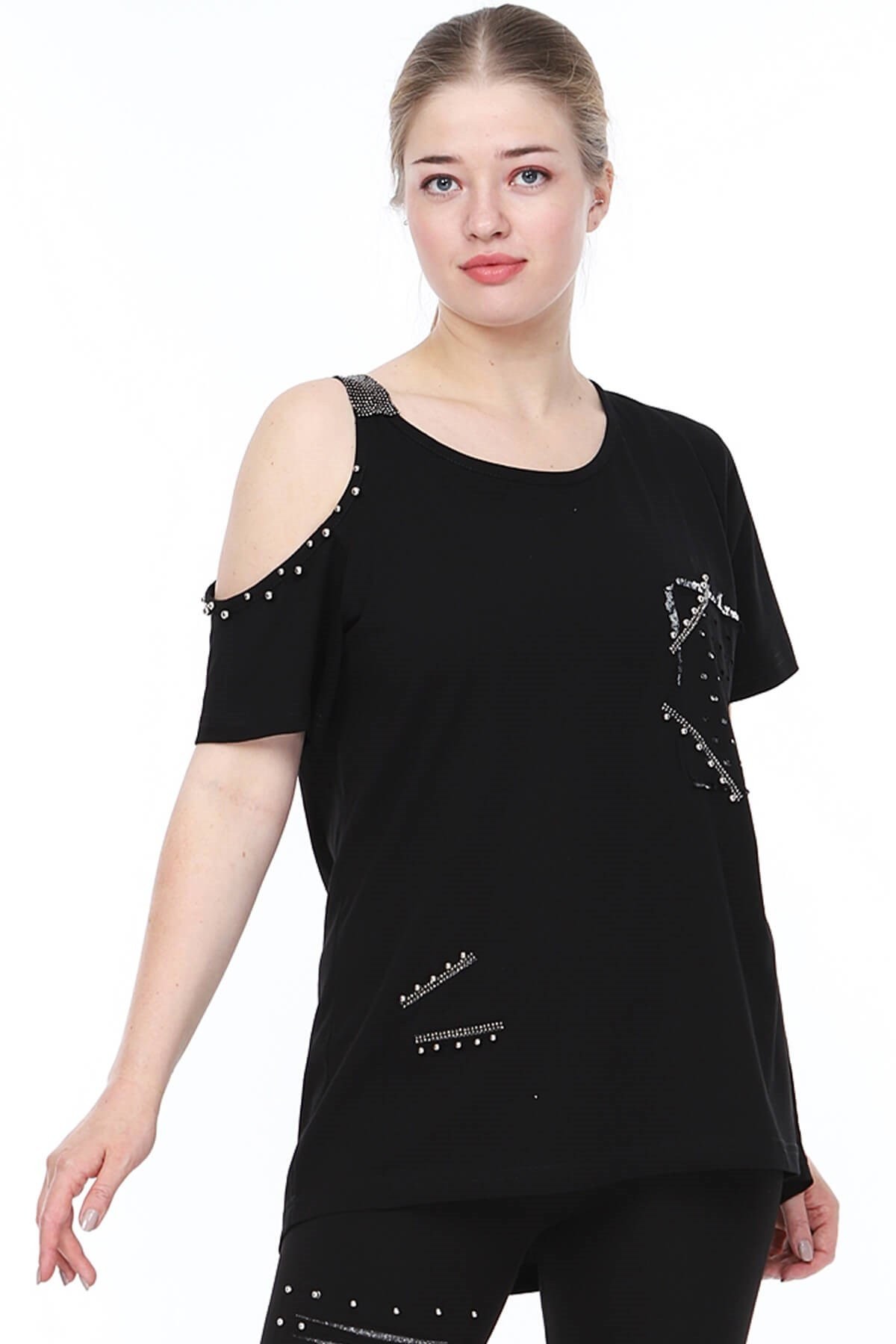 Büyük Beden Siyah Omuz Detaylı Tshirt