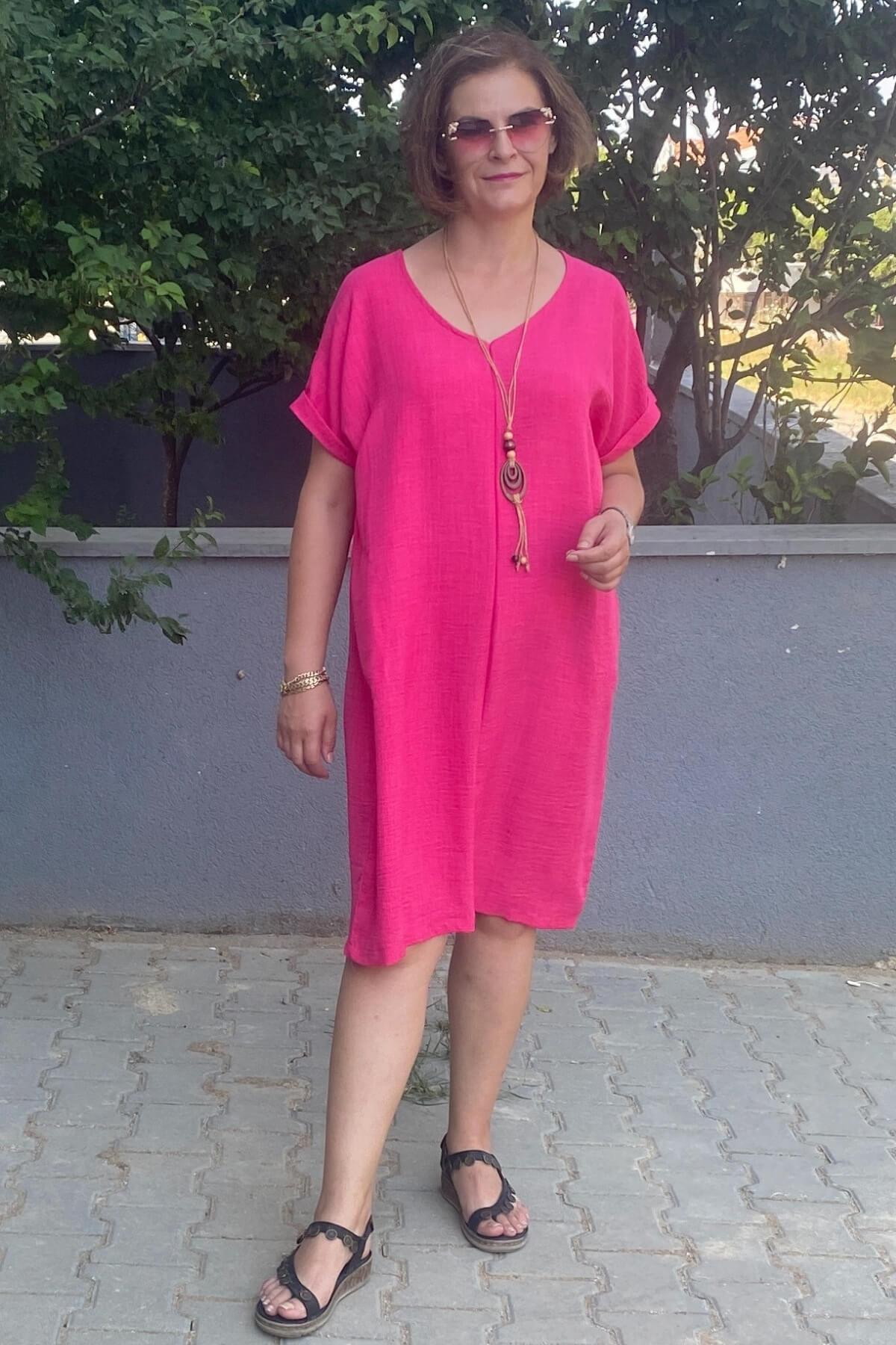 Büyük Beden Fuşya Kolye Hediyeli Salaş Elbise