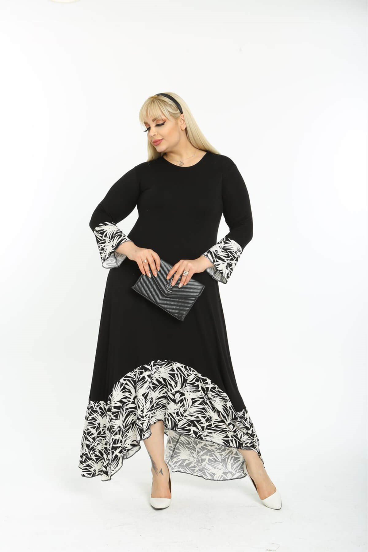 Büyük Beden Siyah Yaprak Desen Asimetrik Fakir Kol Elbise