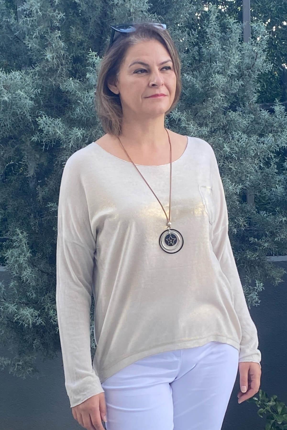 Kadın İtalyan Krem Varak Detaylı Triko Bluz