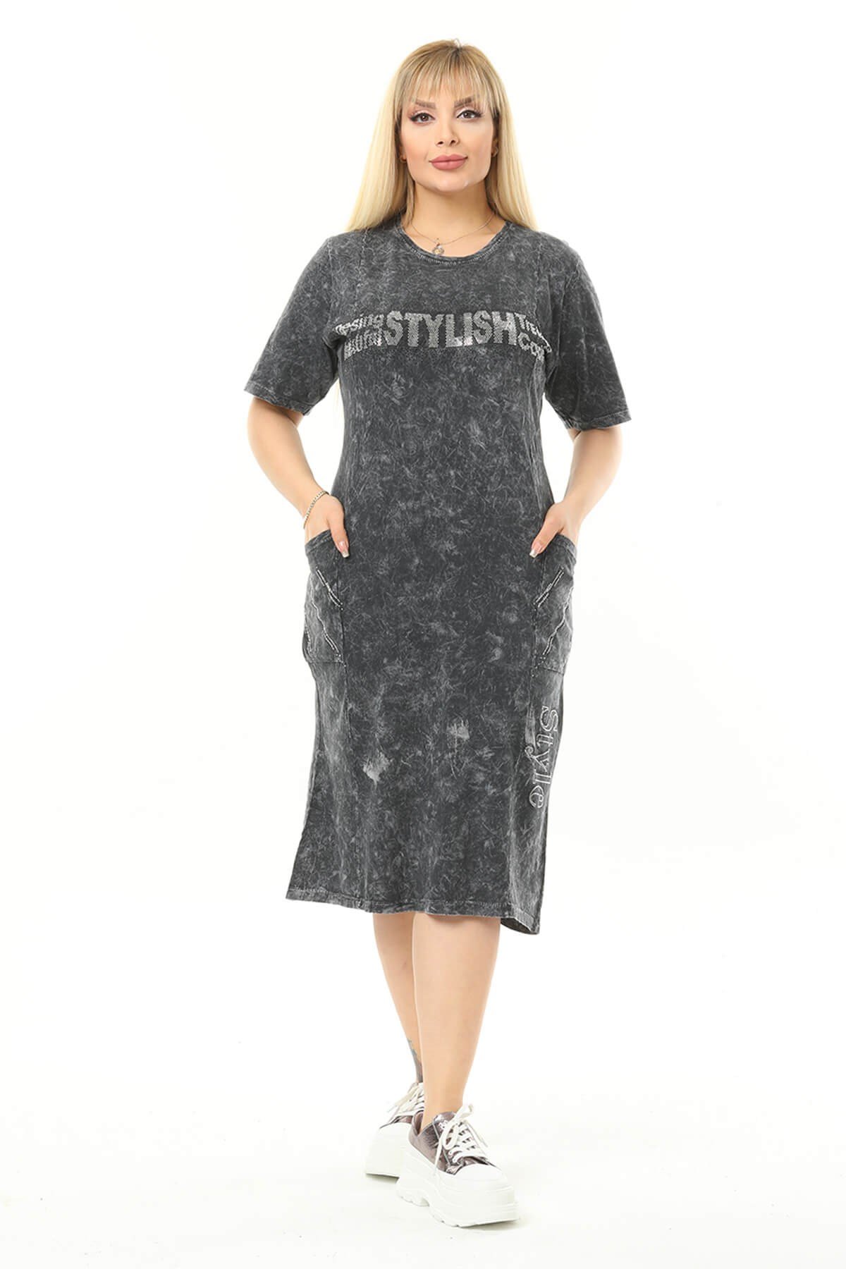 Büyük Beden Füme Küçük Taşlarla Süslenmiş Pamuklu Elbise