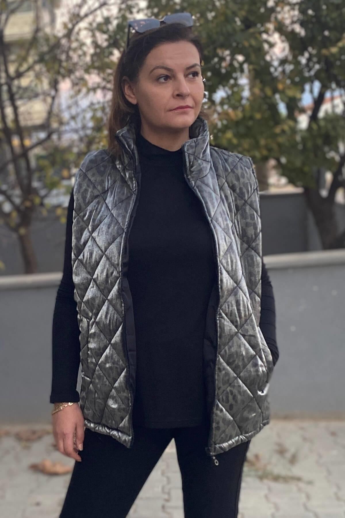 Büyük Beden Haki Leopar Deseli  Yelek