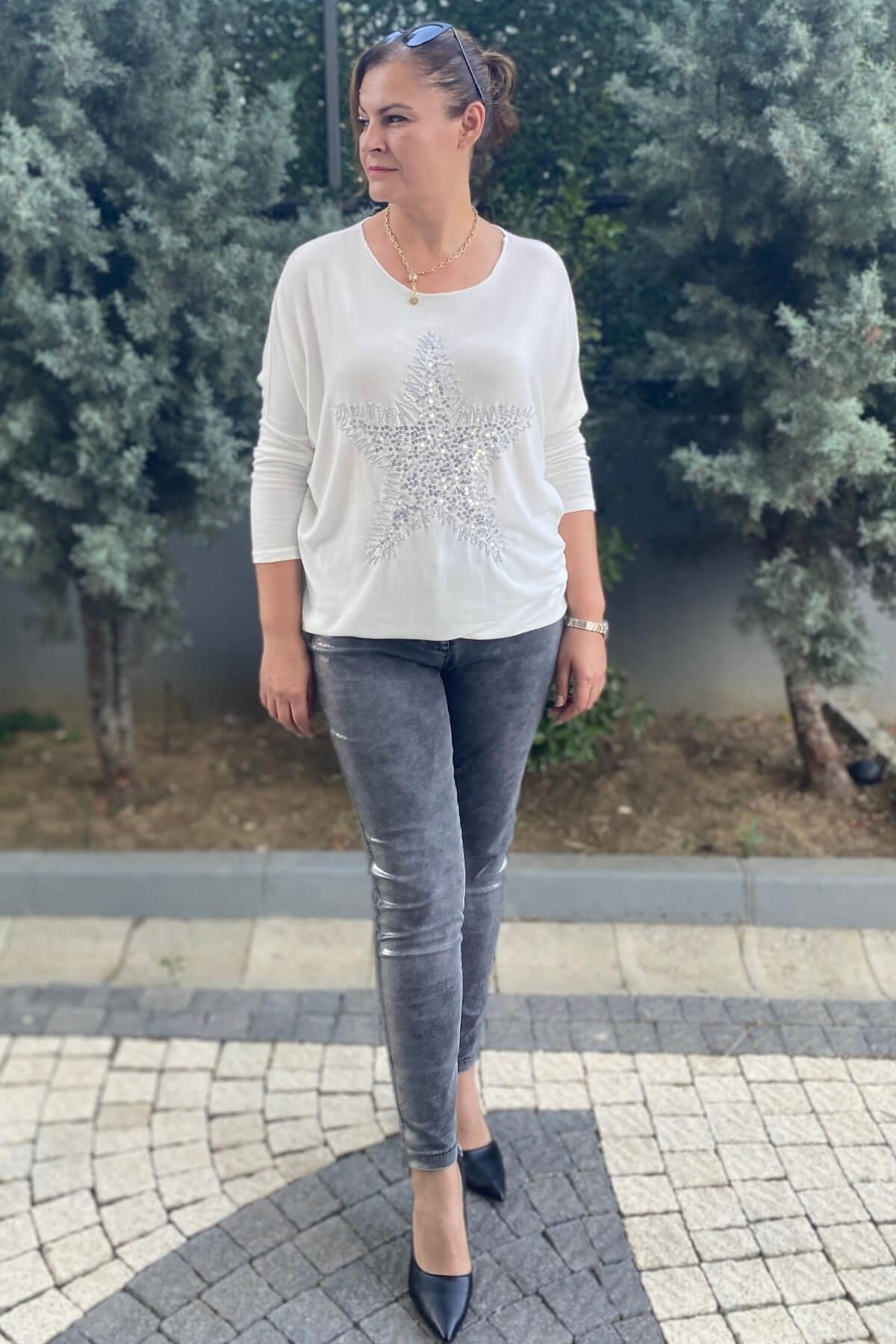 Kadın Varak Detarylı Koyu Gri Kot Pantolon