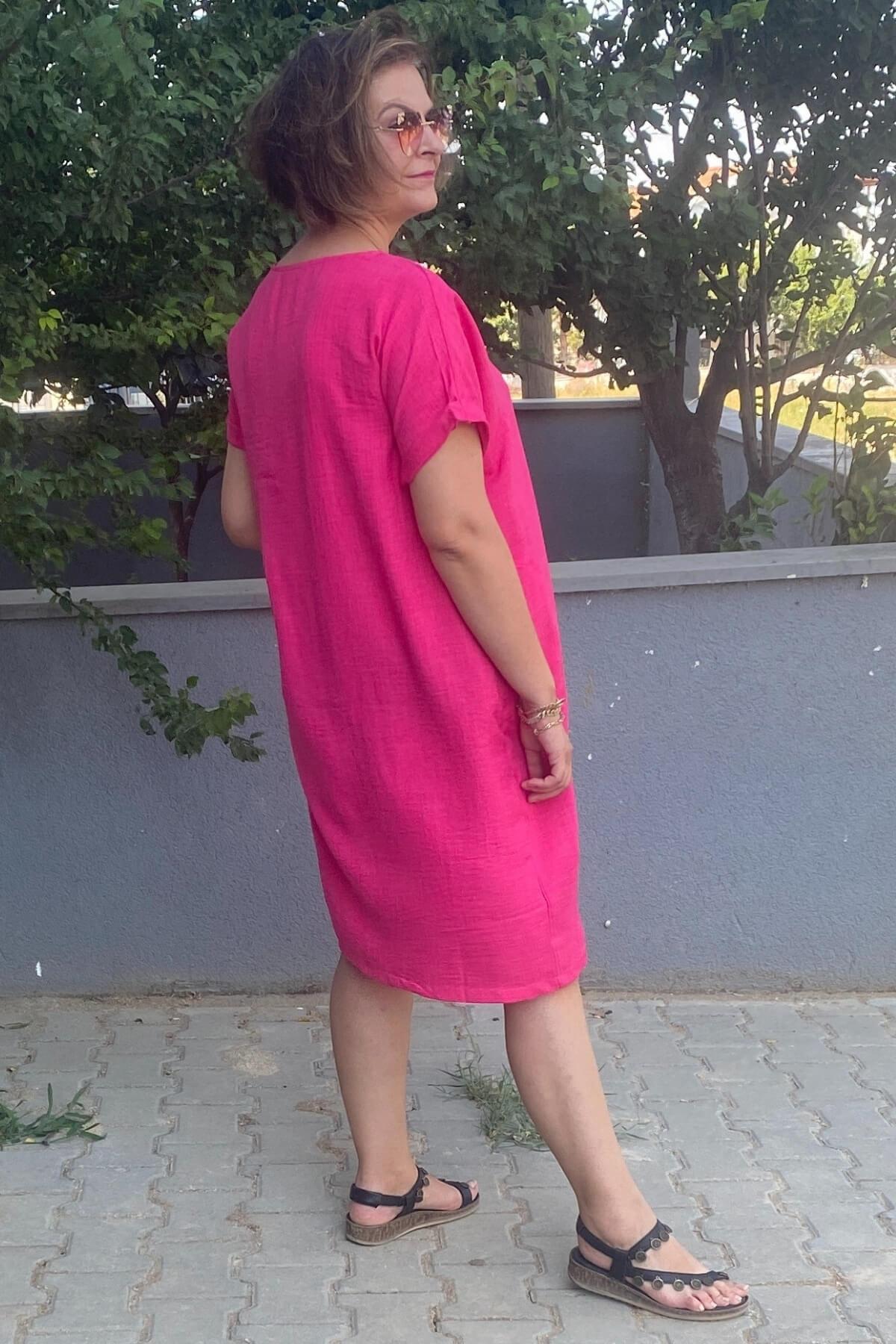 Büyük Beden Fuşya Kolye Hediyeli Salaş Elbise