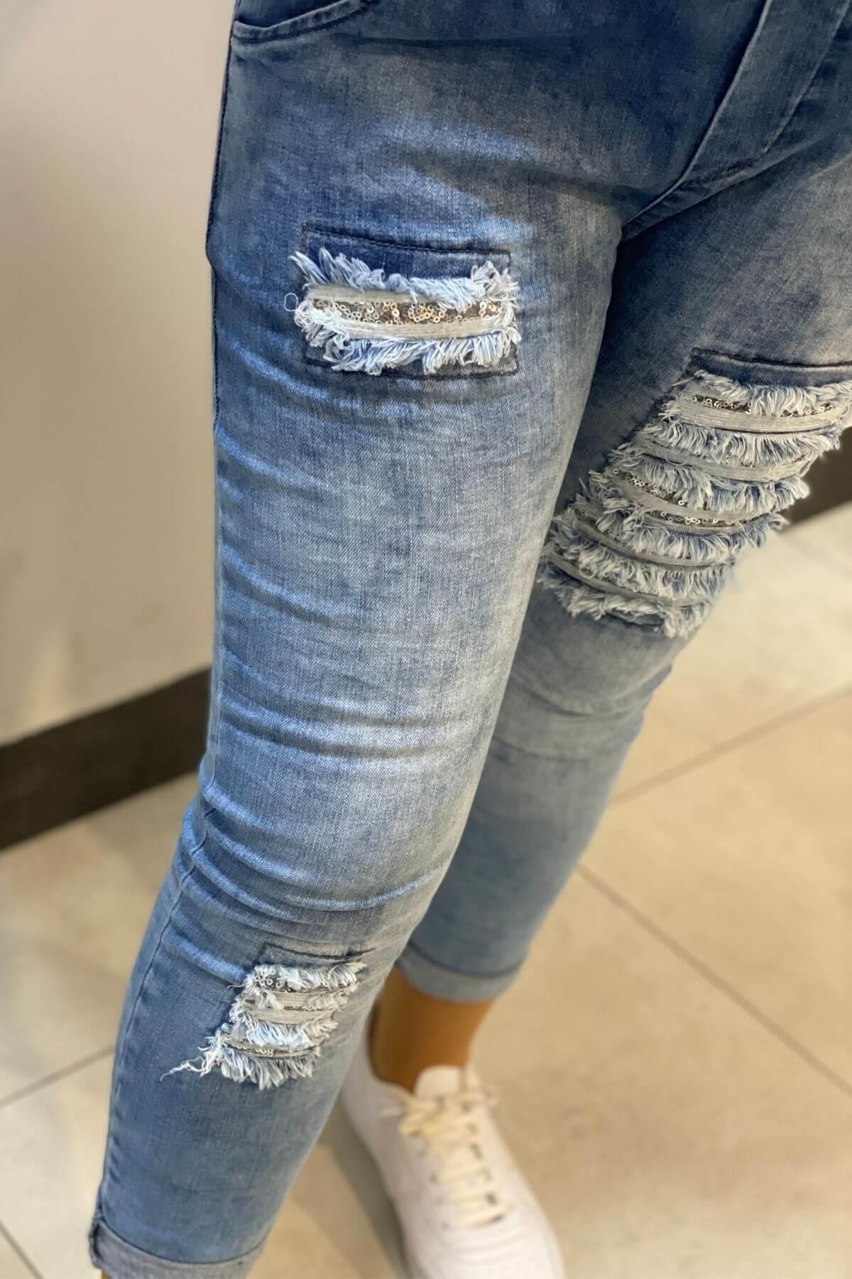 Kadın Mavi Payet Detaylı Full Likralı Kot Pantolon