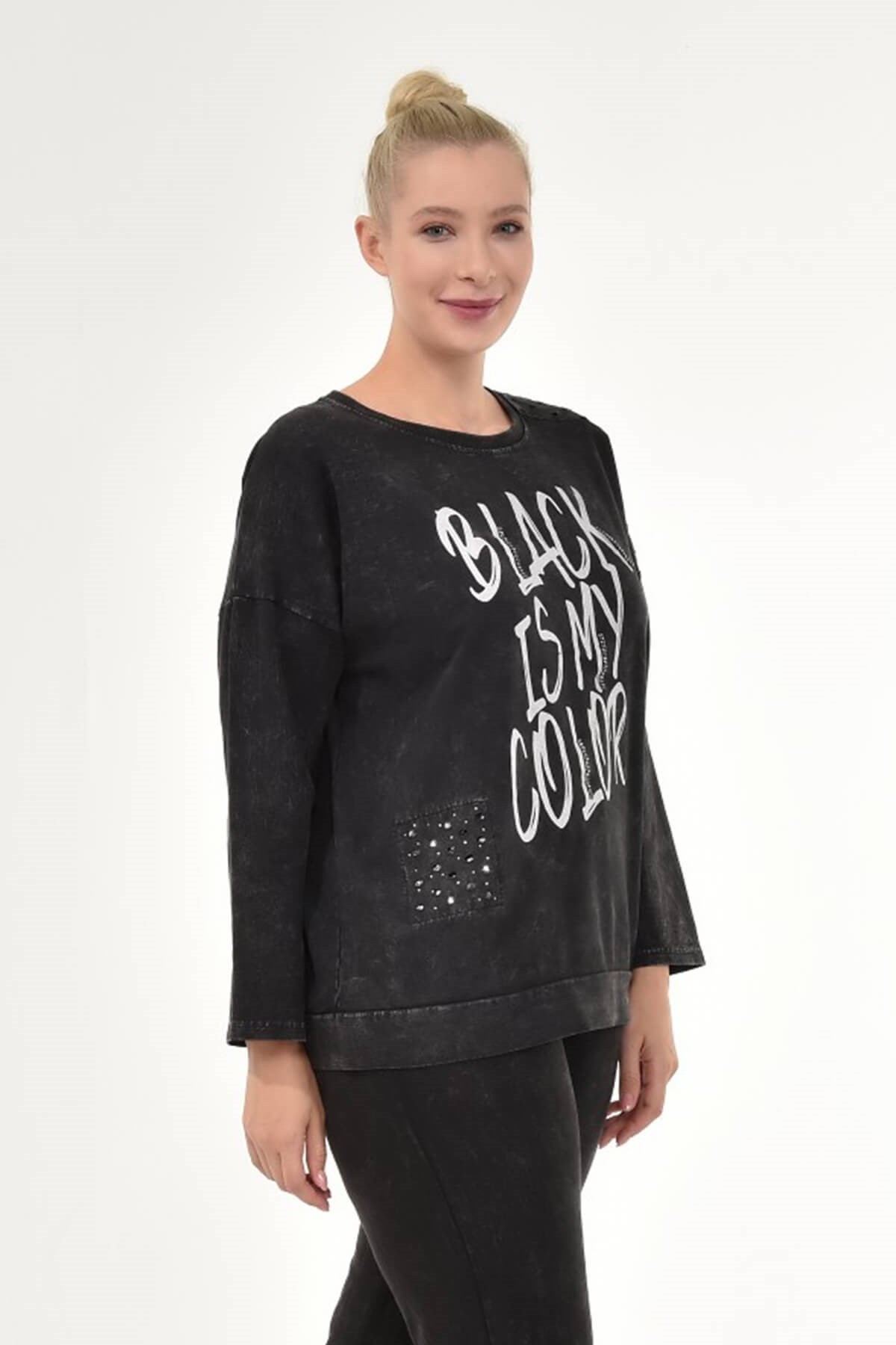 Kadın Büyük Beden İtalyan Yıkamalı Siyah Yuvarlak Yaka Sweatshirt