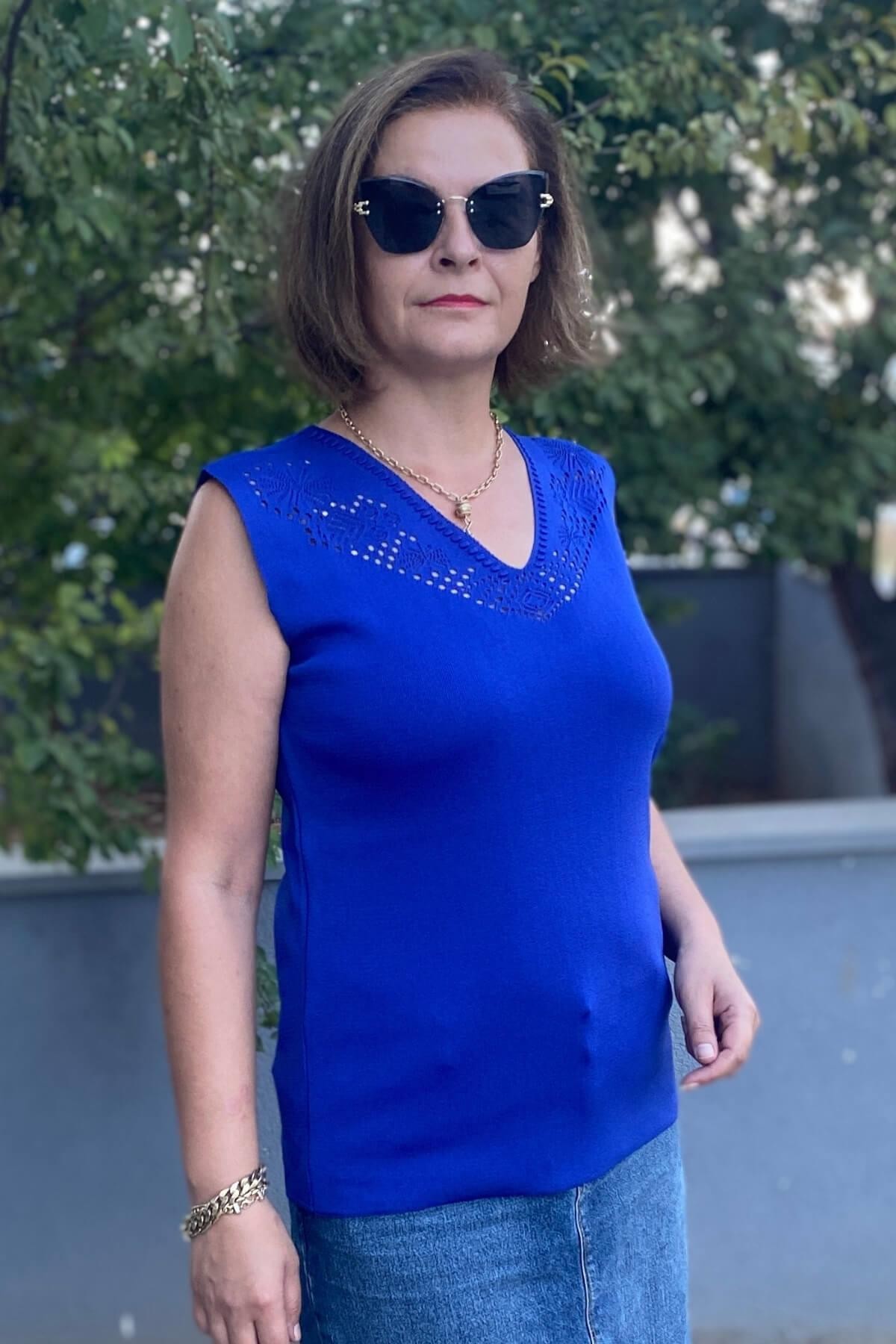 Kadın Lina Saks Mavi Merserize Kolsuz Bluz