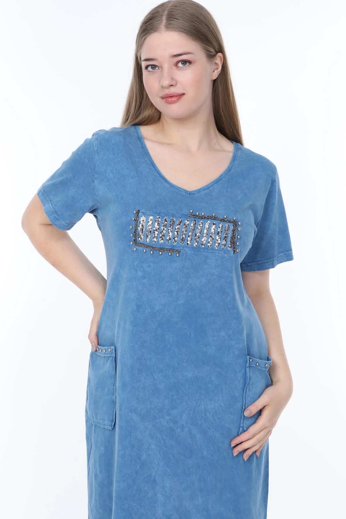 Büyük Beden İtalyan Yıkamalı Mavi Önü Pencereli Pullu Elbise