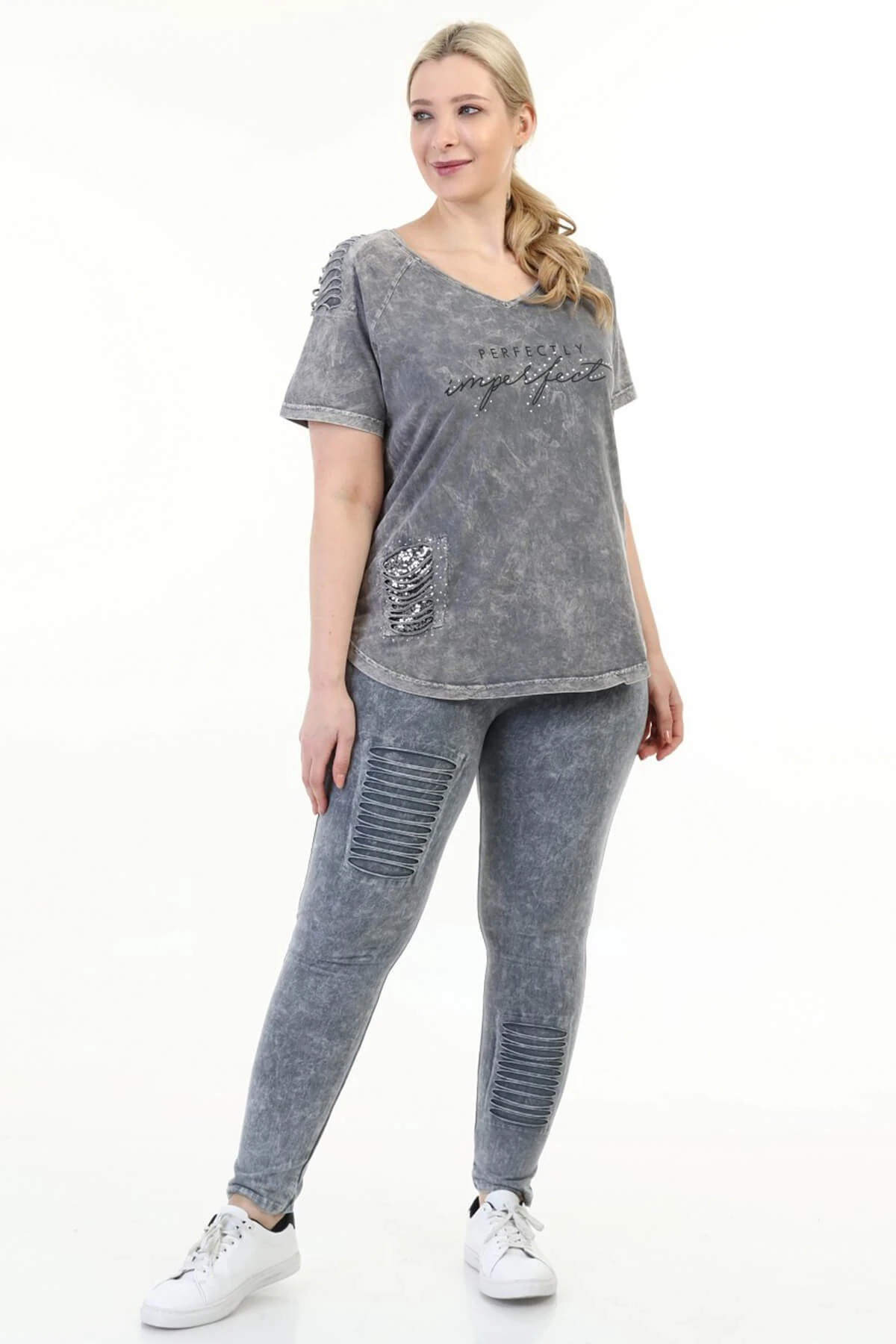 Büyük Beden Gri Omuzu Lazerli  İtalyan Yıkamalı Tayt Takım
