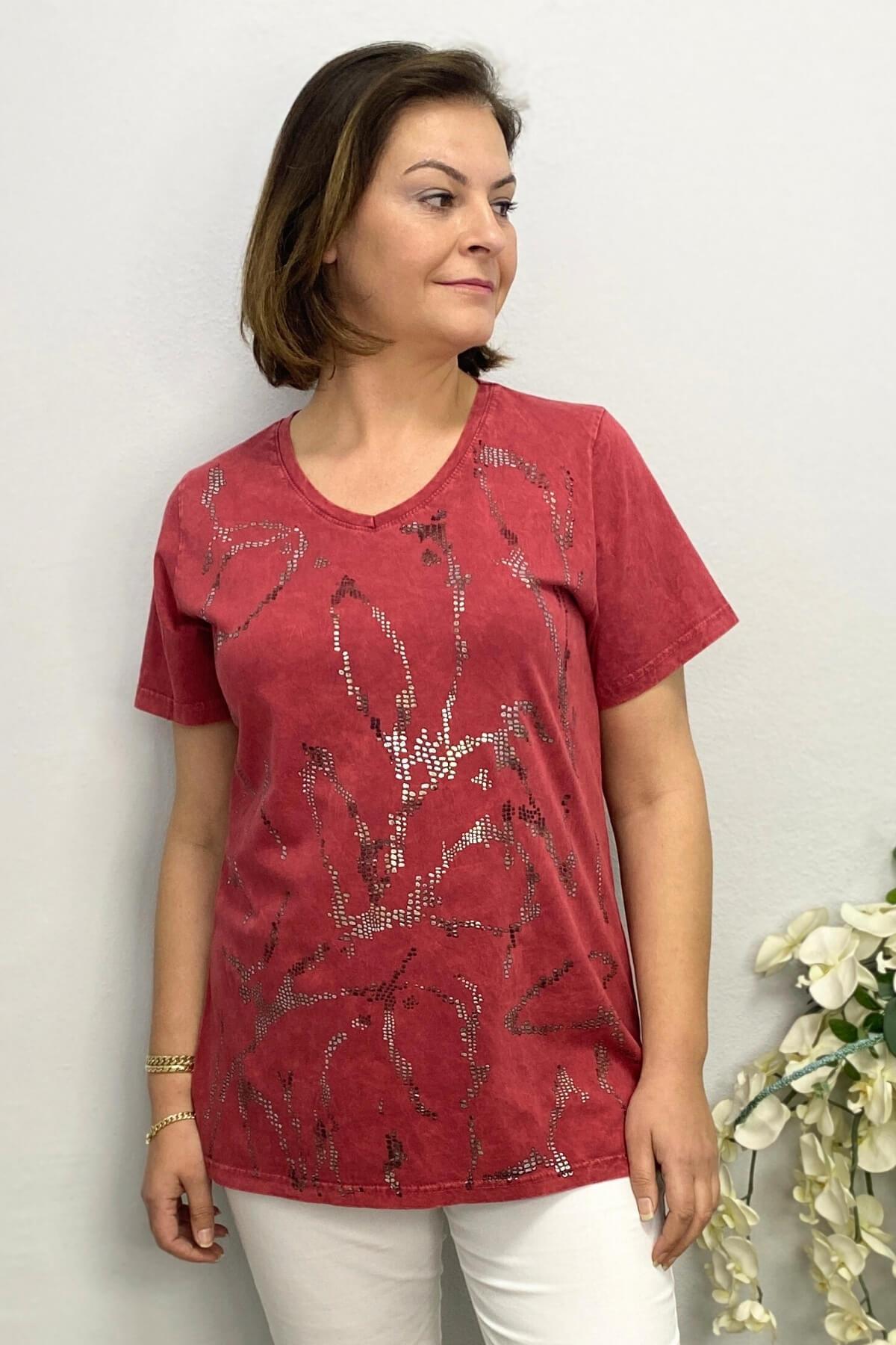 Kadın Bordo Kabartma Varak Baskılı Bluz