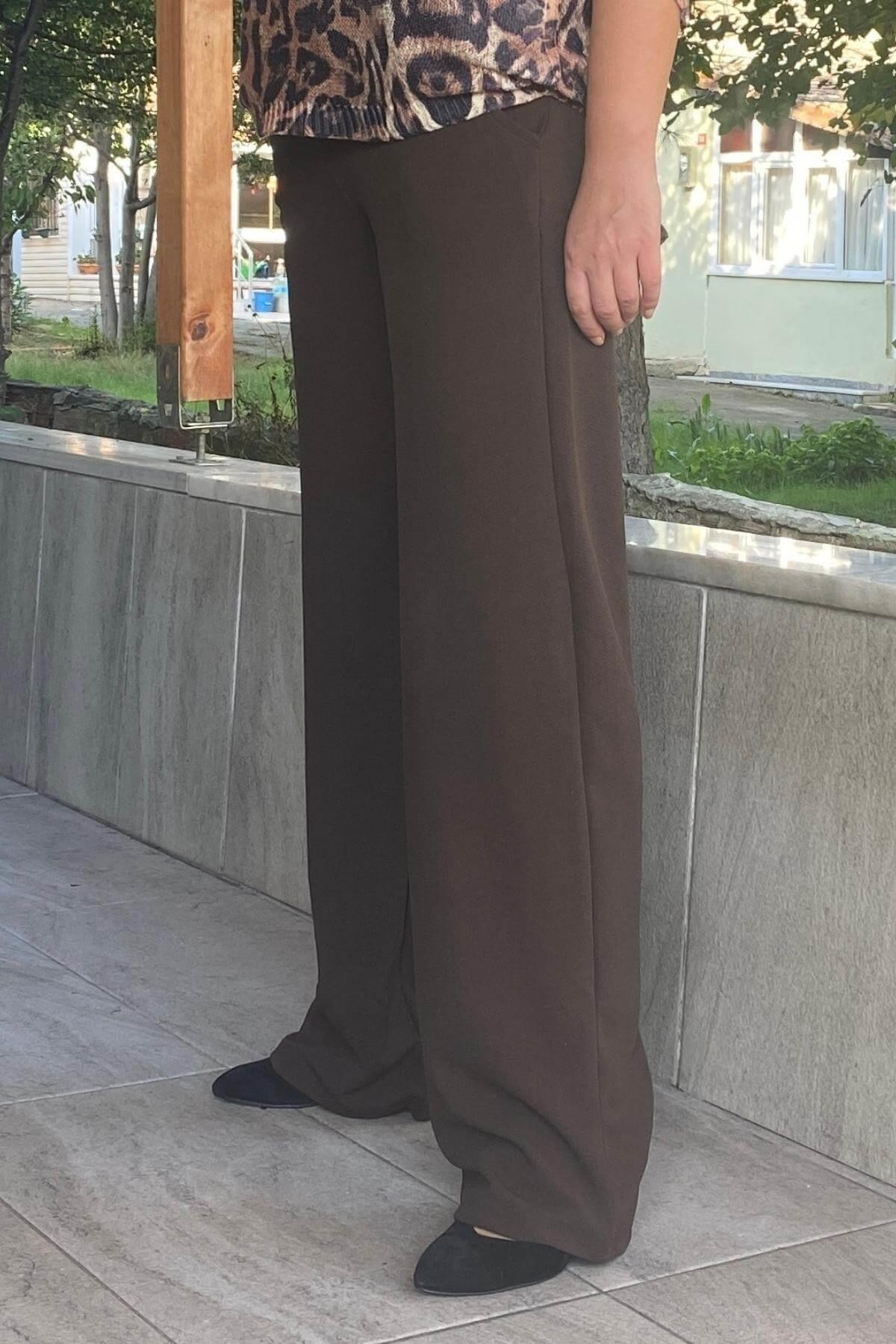 Kadın Kahve Krep Korsaj Bol  Paca Toparlaycı Pantolon