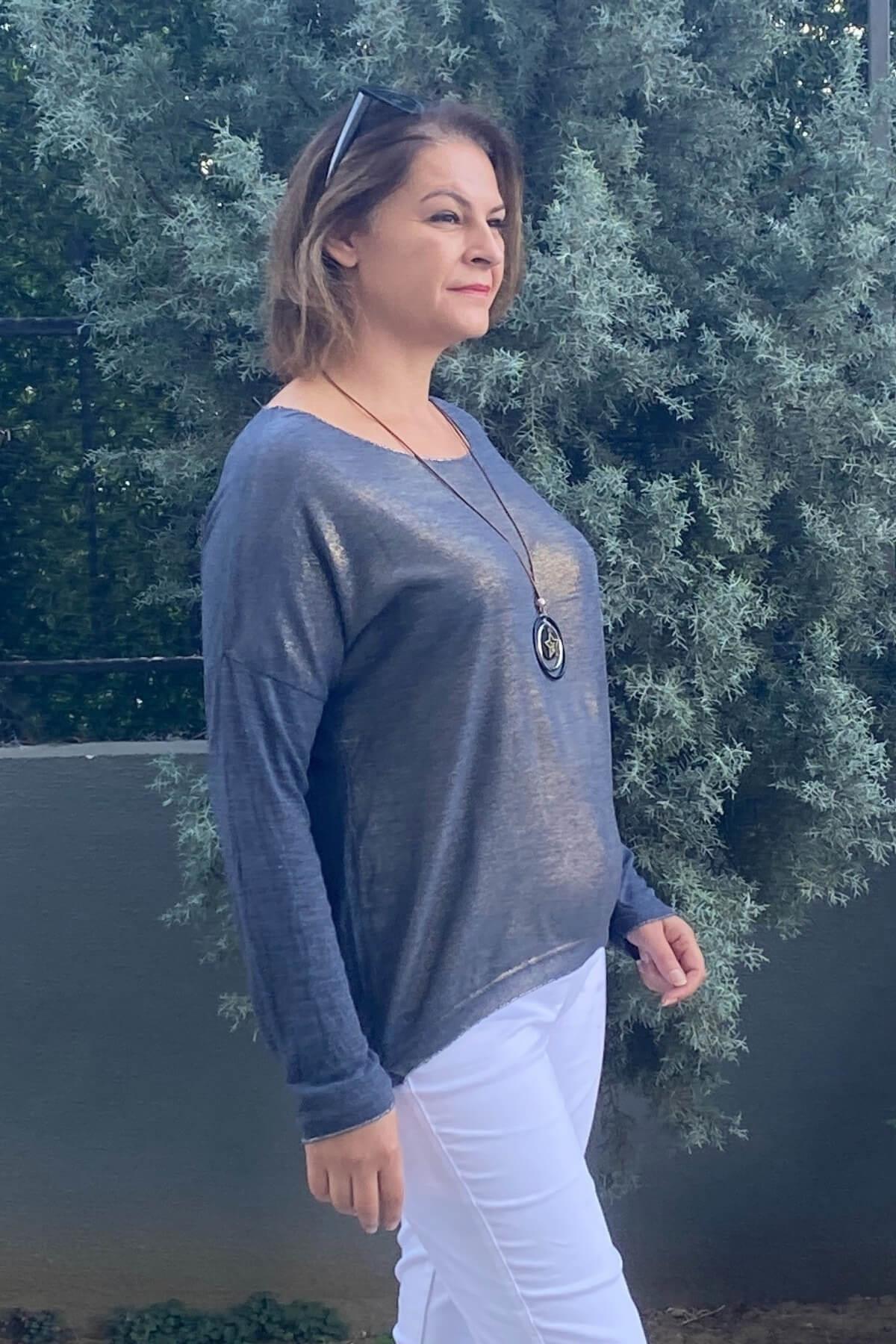 Kadın İtalyan Lacivert Varak Detaylı Triko Bluz