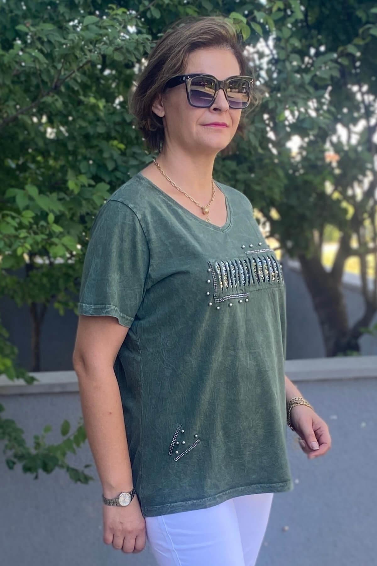 Büyük Beden Haki İtalyan Yıkamalı Pencere Detaylı Tshirt