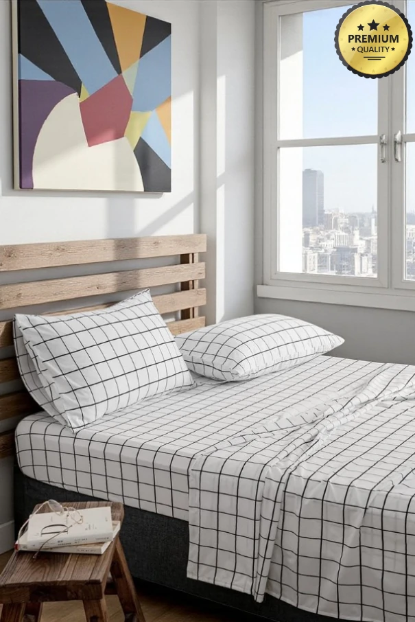 VESSİNOHOME Nevresim Takımı Çift Kişilik Pamuklu Ekose ( 160x200 Lastikli Çarşaf+ 200x220 yorgan Kılıfı+2 Yastık Kılıfı)